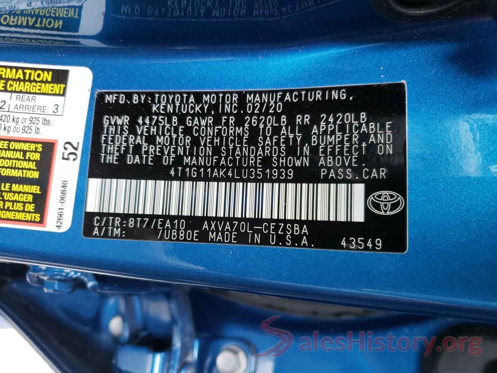 4T1G11AK4LU351939 2020 TOYOTA CAMRY