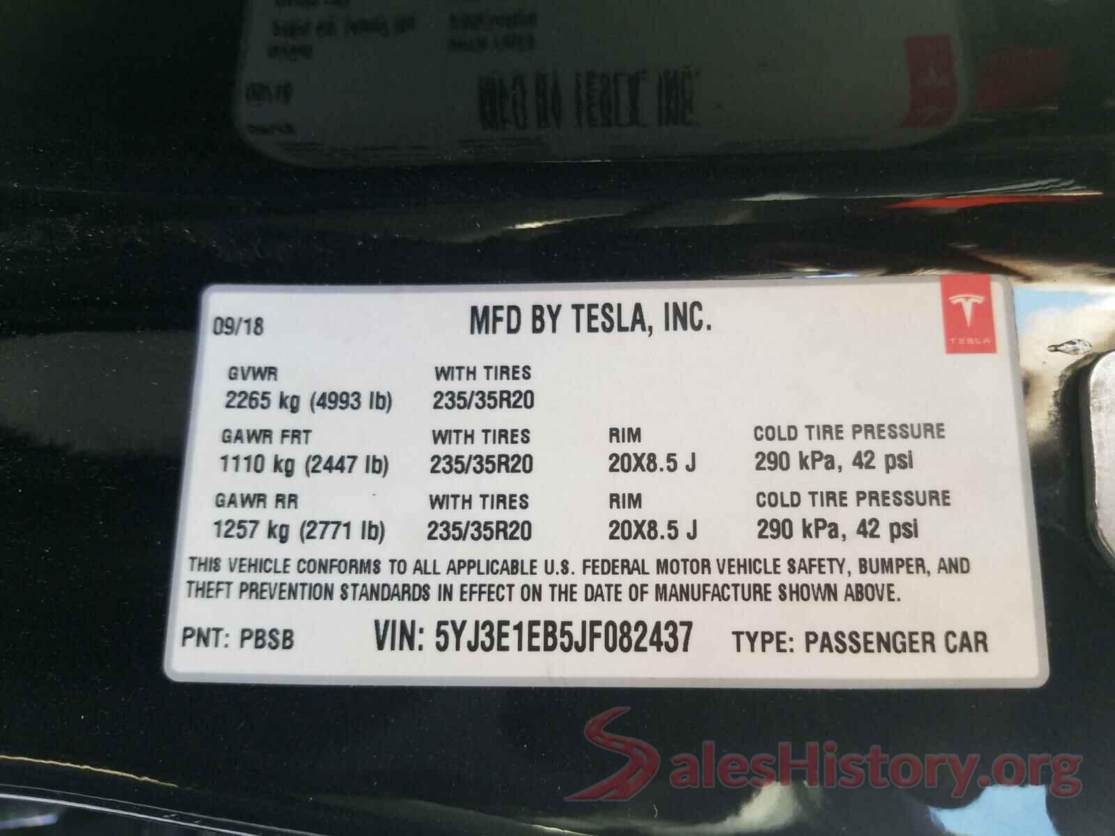 5YJ3E1EB5JF082437 2018 TESLA MODEL 3