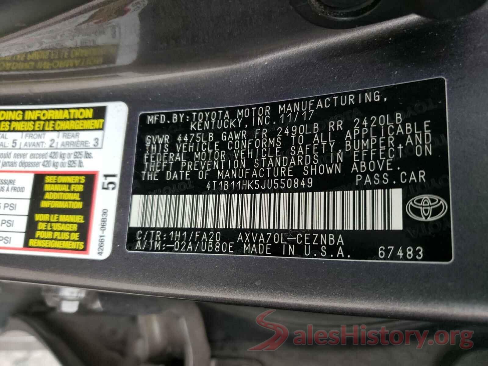 4T1B11HK5JU550849 2018 TOYOTA CAMRY