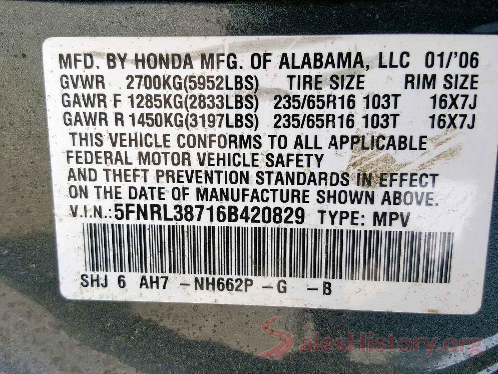 5FNRL38716B420829 2006 HONDA ODYSSEY EX