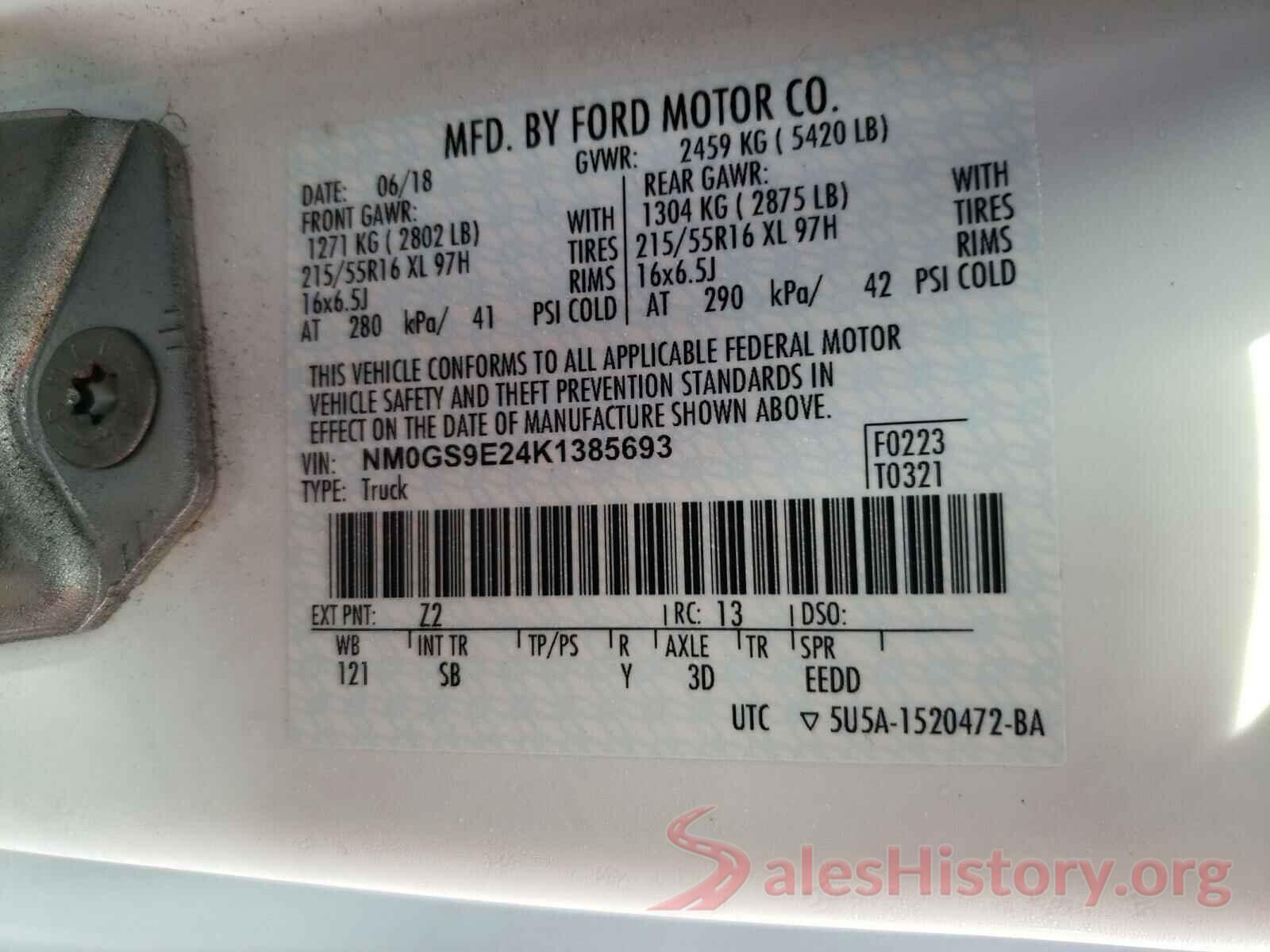 NM0GS9E24K1385693 2019 FORD TRANSIT CO