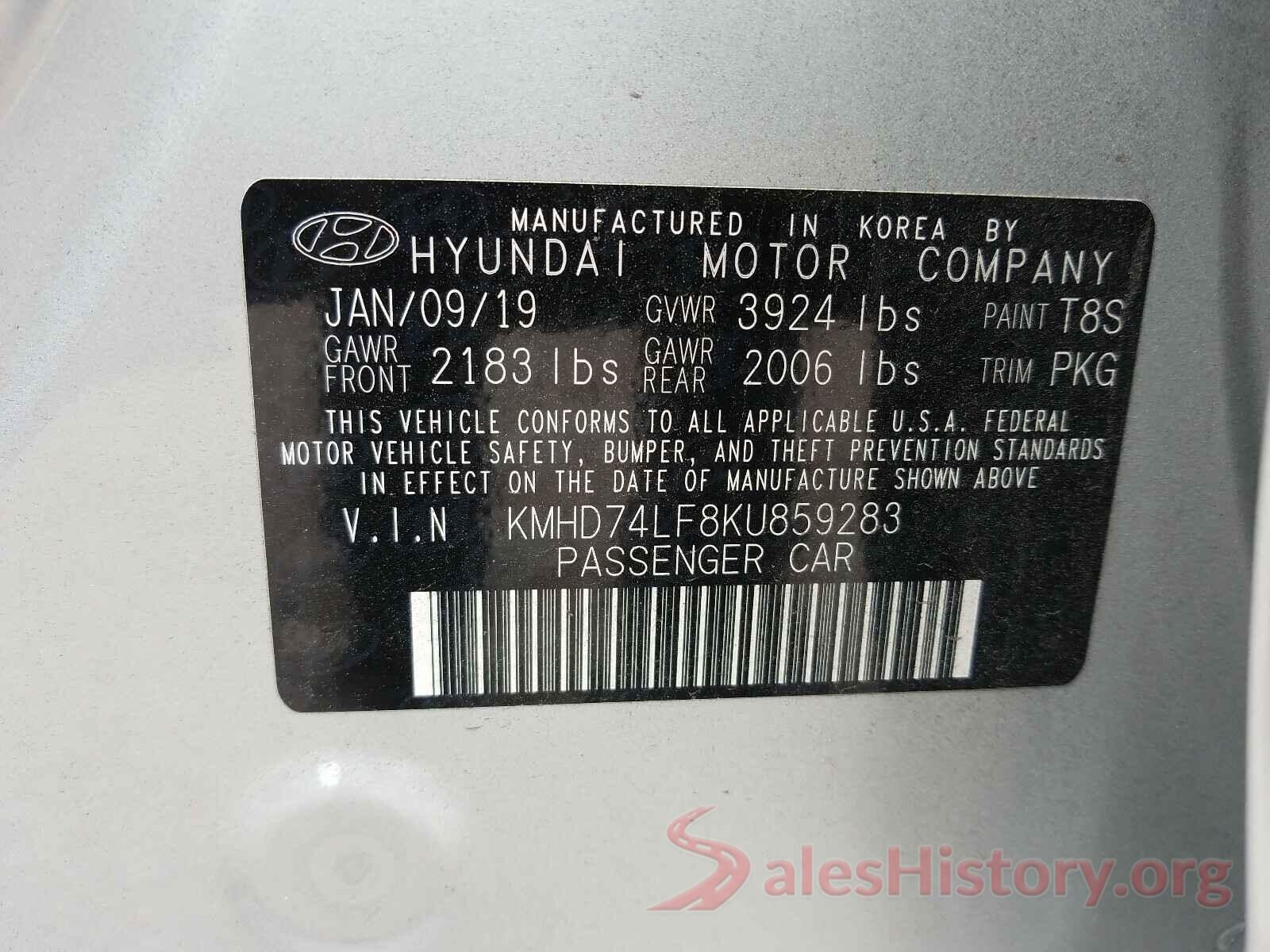 KMHD74LF8KU859283 2019 HYUNDAI ELANTRA