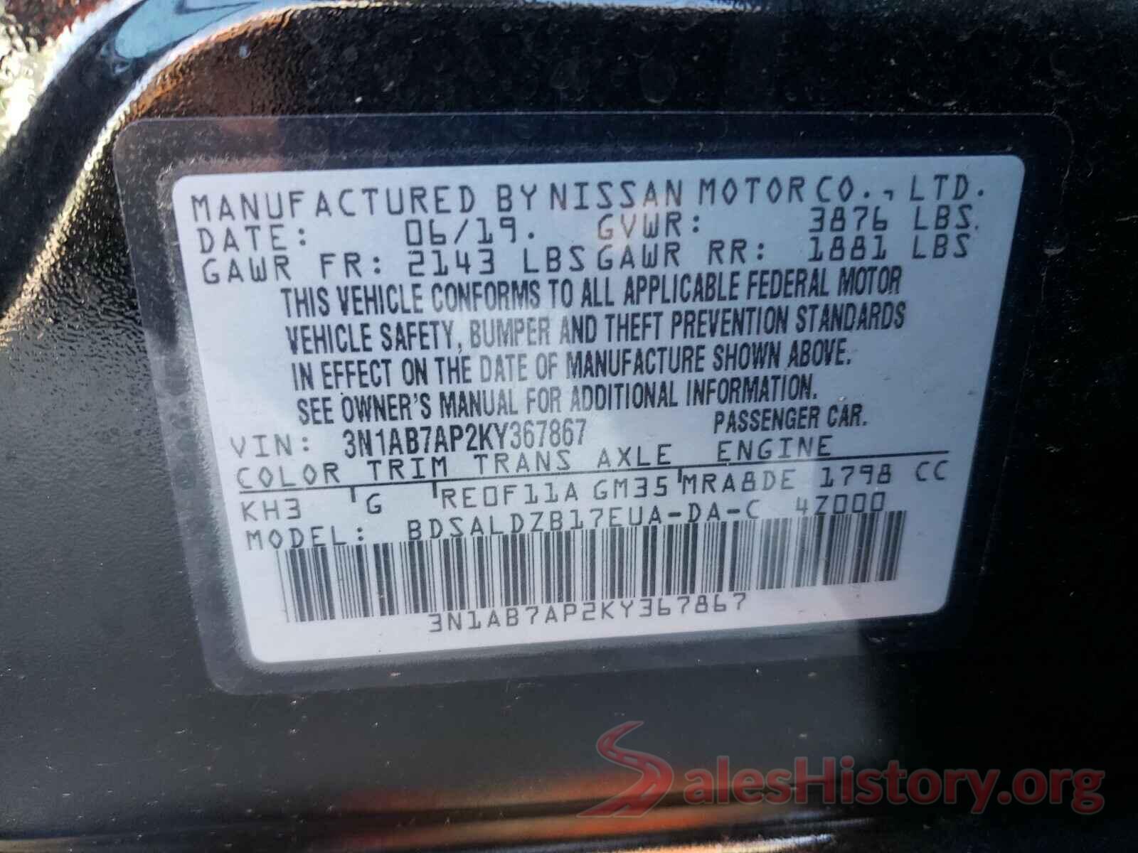 3N1AB7AP2KY367867 2019 NISSAN SENTRA