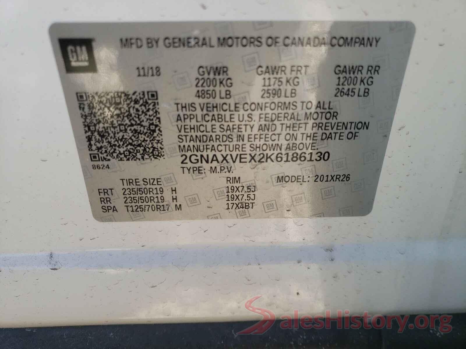 2GNAXVEX2K6186130 2019 CHEVROLET EQUINOX