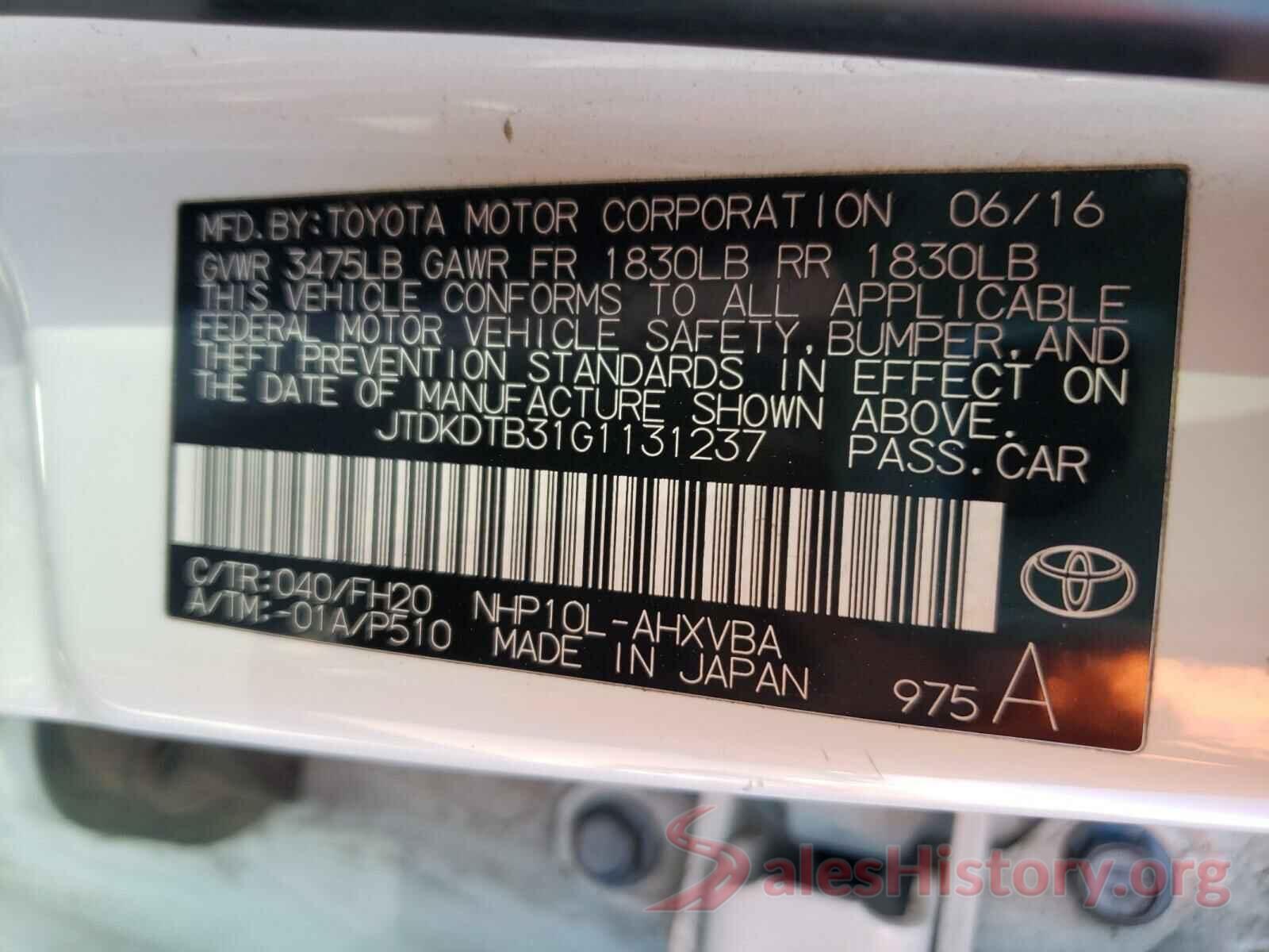 JTDKDTB31G1131237 2016 TOYOTA PRIUS