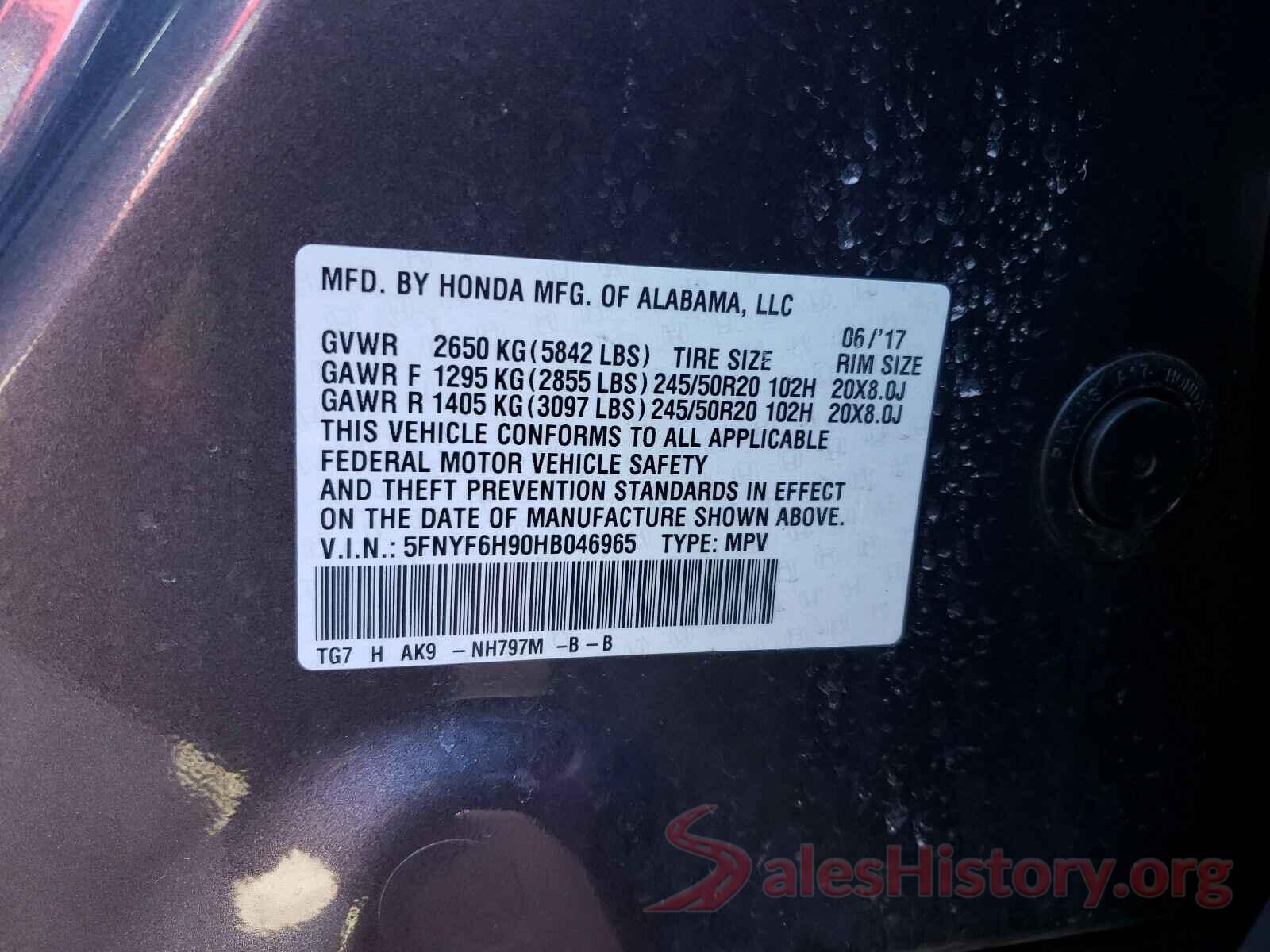 5FNYF6H90HB046965 2017 HONDA PILOT