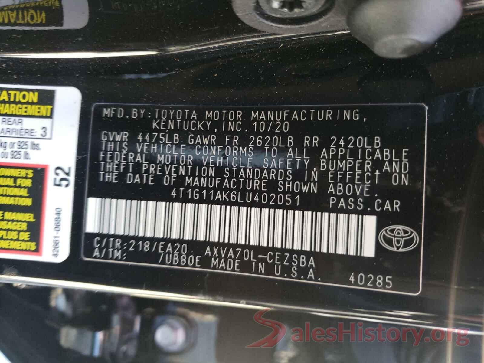 4T1G11AK6LU402051 2020 TOYOTA CAMRY