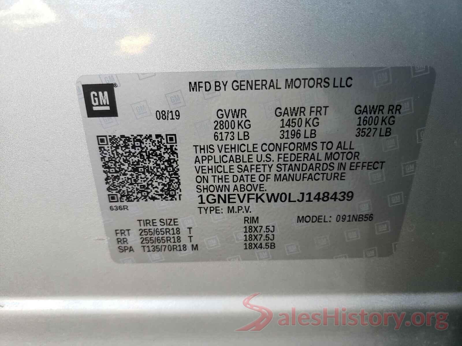 1GNEVFKW0LJ148439 2020 CHEVROLET TRAVERSE