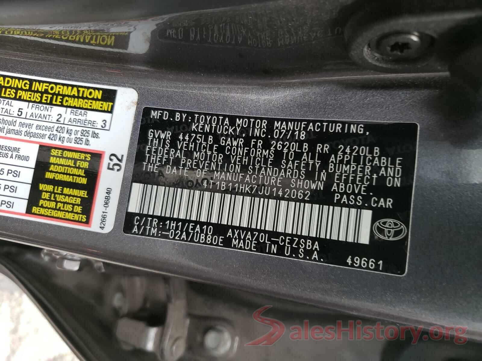 4T1B11HK7JU142062 2018 TOYOTA CAMRY