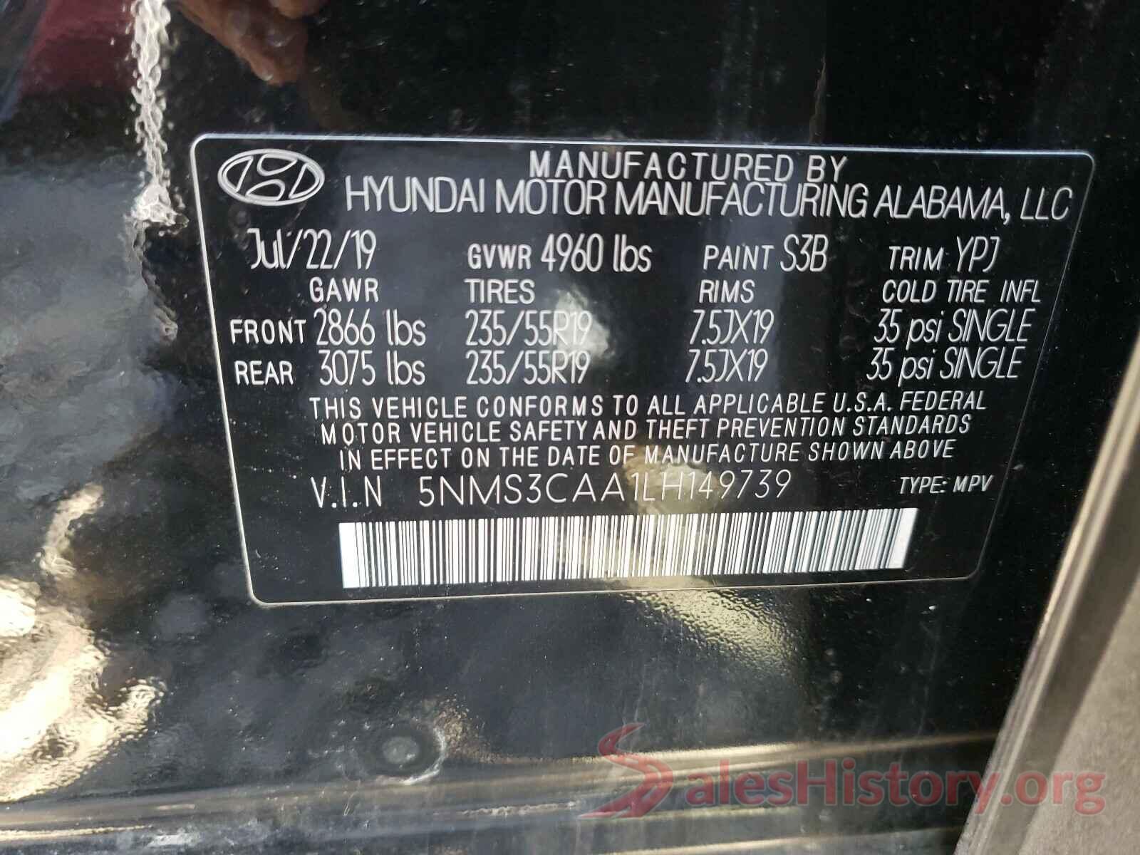 5NMS3CAA1LH149739 2020 HYUNDAI SANTA FE