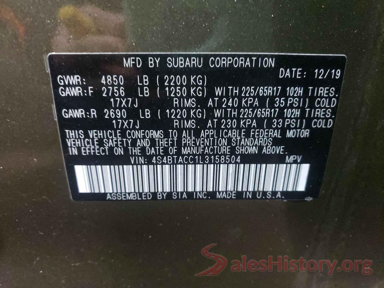 4S4BTACC1L3158504 2020 SUBARU OUTBACK