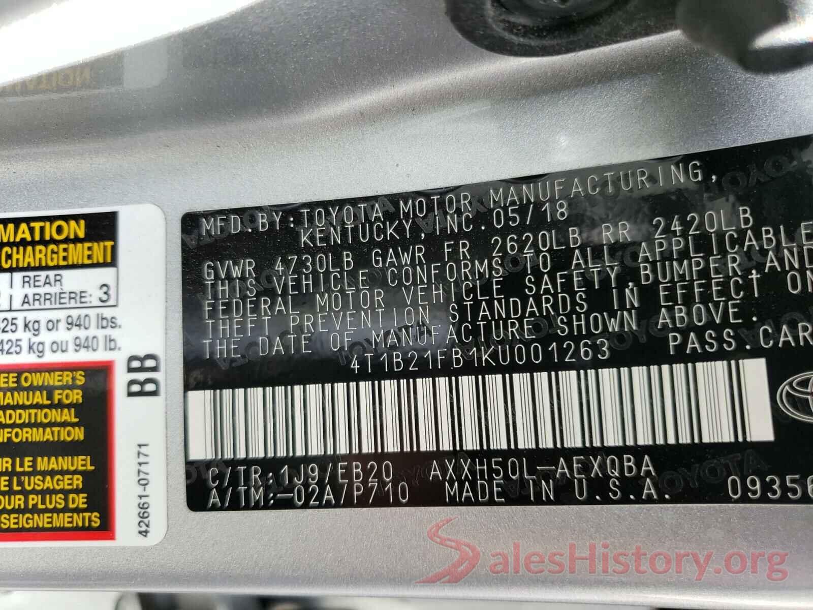 4T1B21FB1KU001263 2019 TOYOTA AVALON