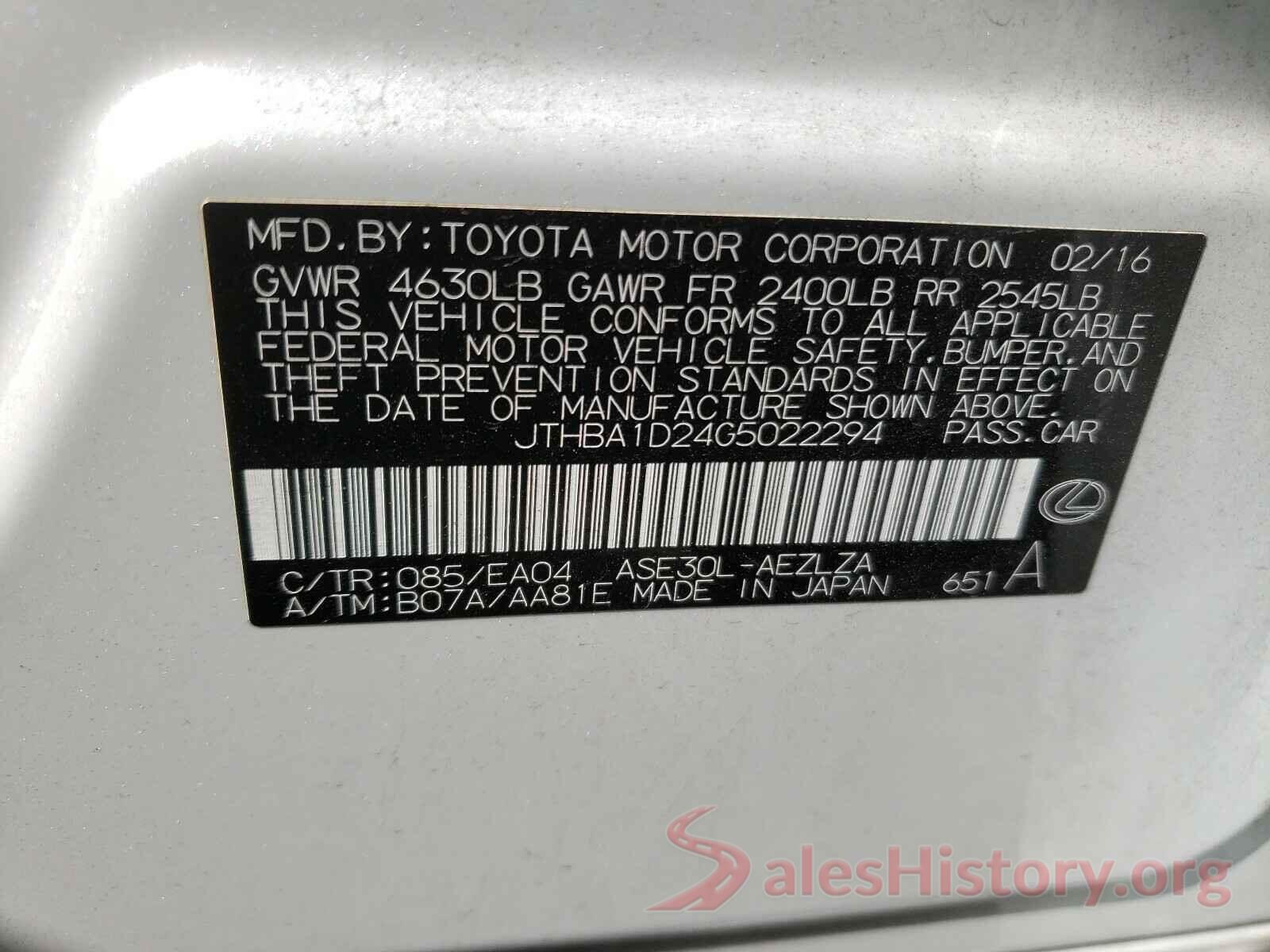 JTHBA1D24G5022294 2016 LEXUS IS