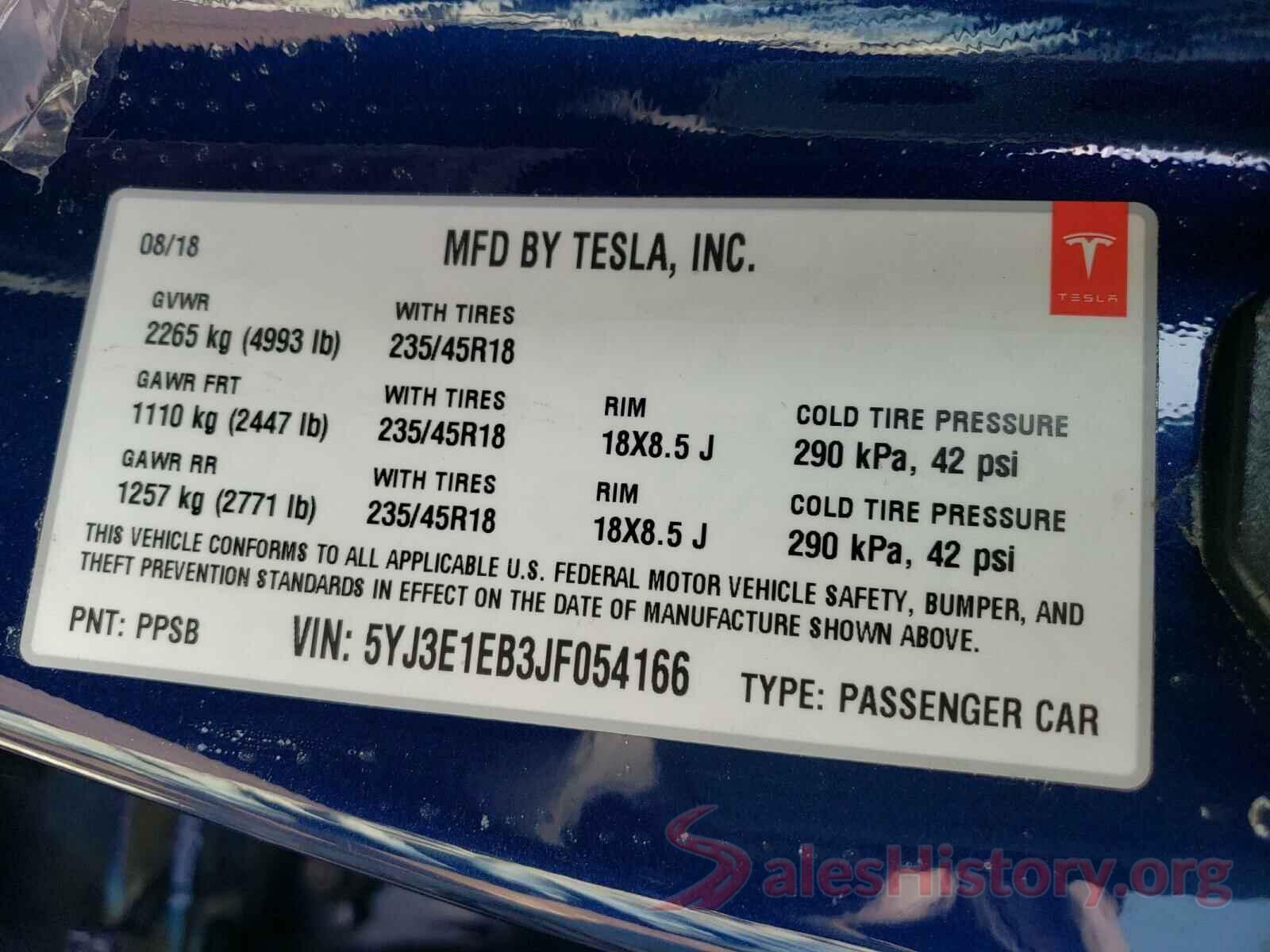 5YJ3E1EB3JF054166 2018 TESLA MODEL 3