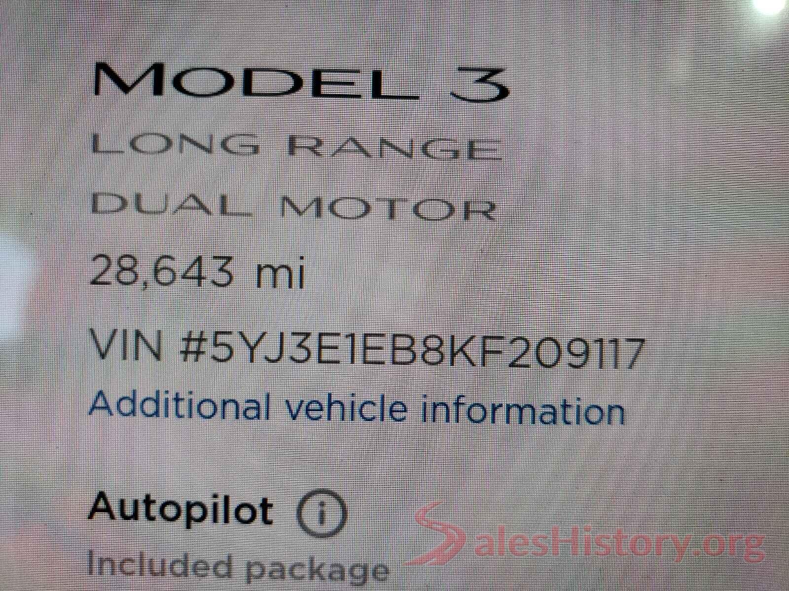 5YJ3E1EB8KF209117 2019 TESLA MODEL 3