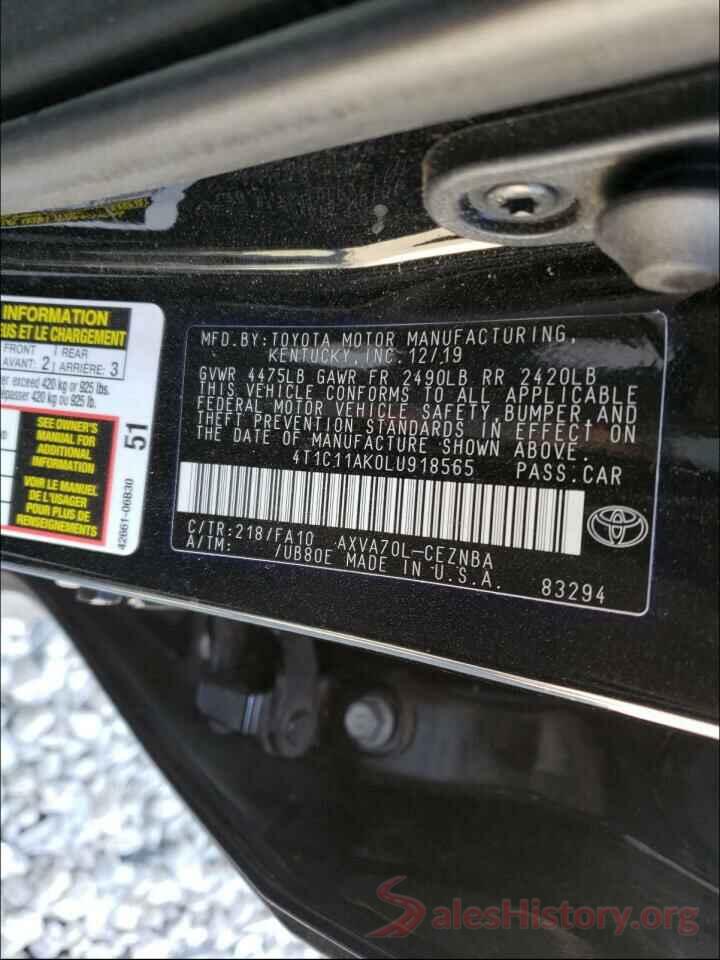 4T1C11AK0LU918565 2020 TOYOTA CAMRY