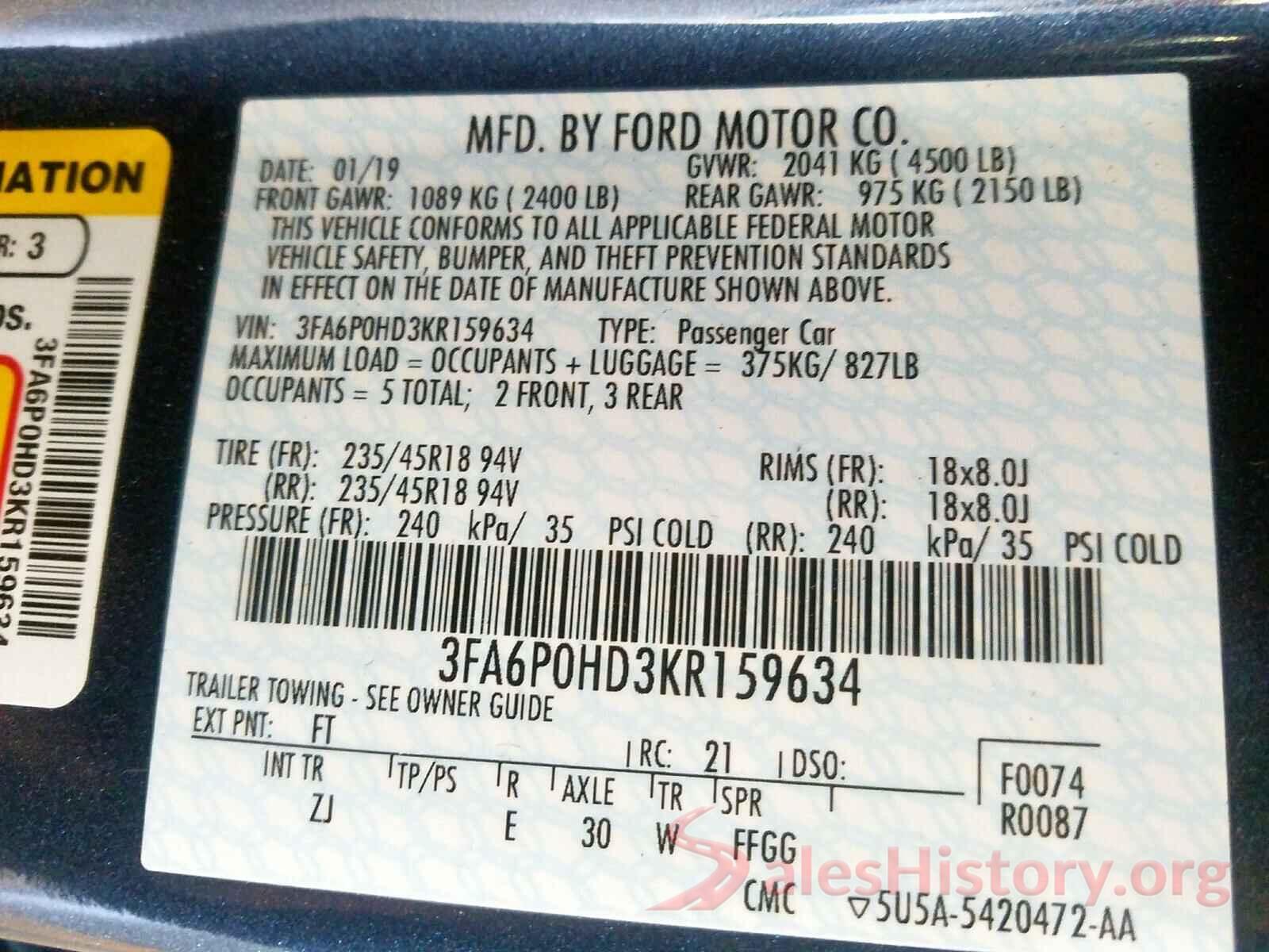 3FA6P0HD3KR159634 2019 FORD FUSION