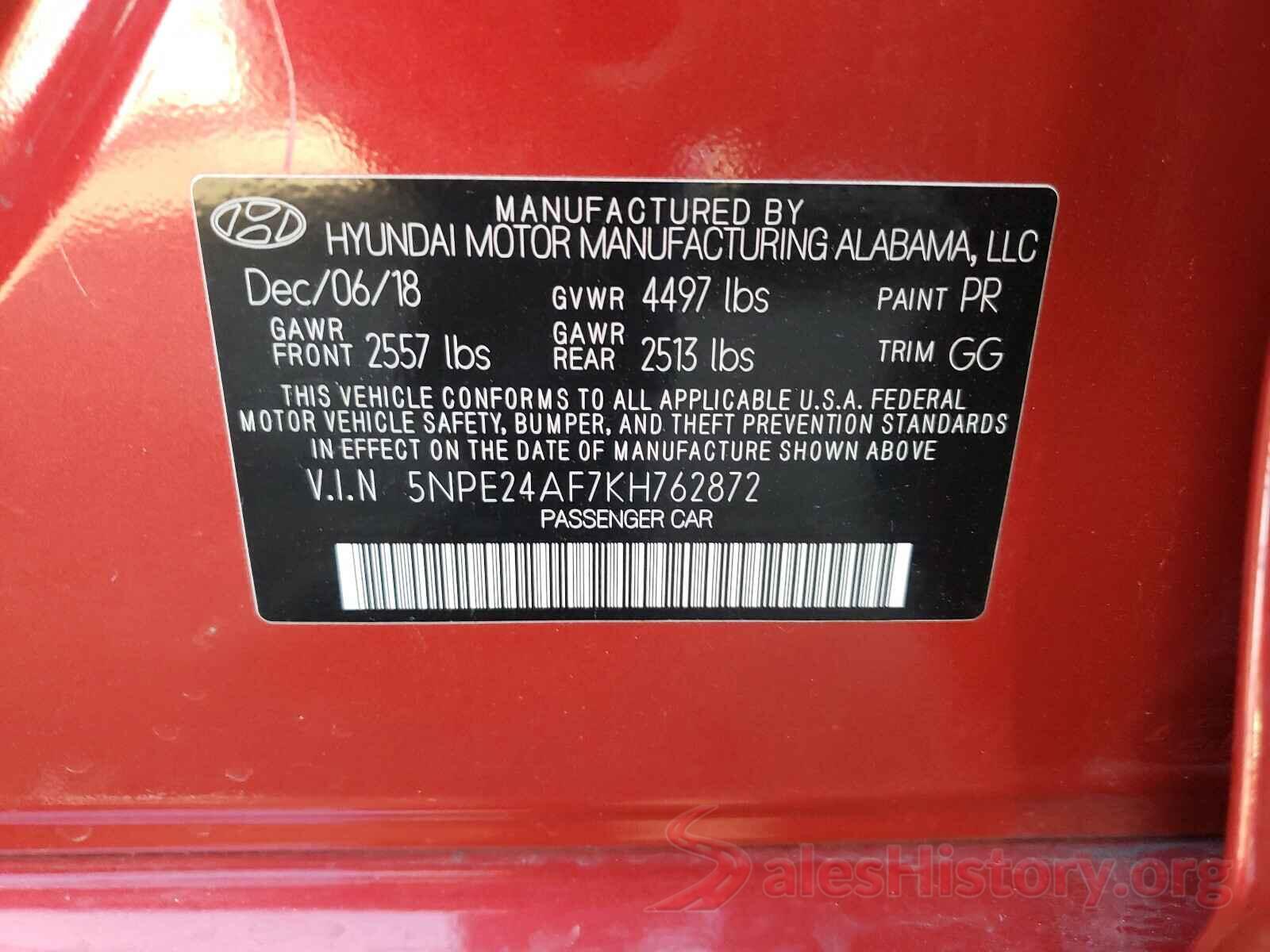 5NPE24AF7KH762872 2019 HYUNDAI SONATA