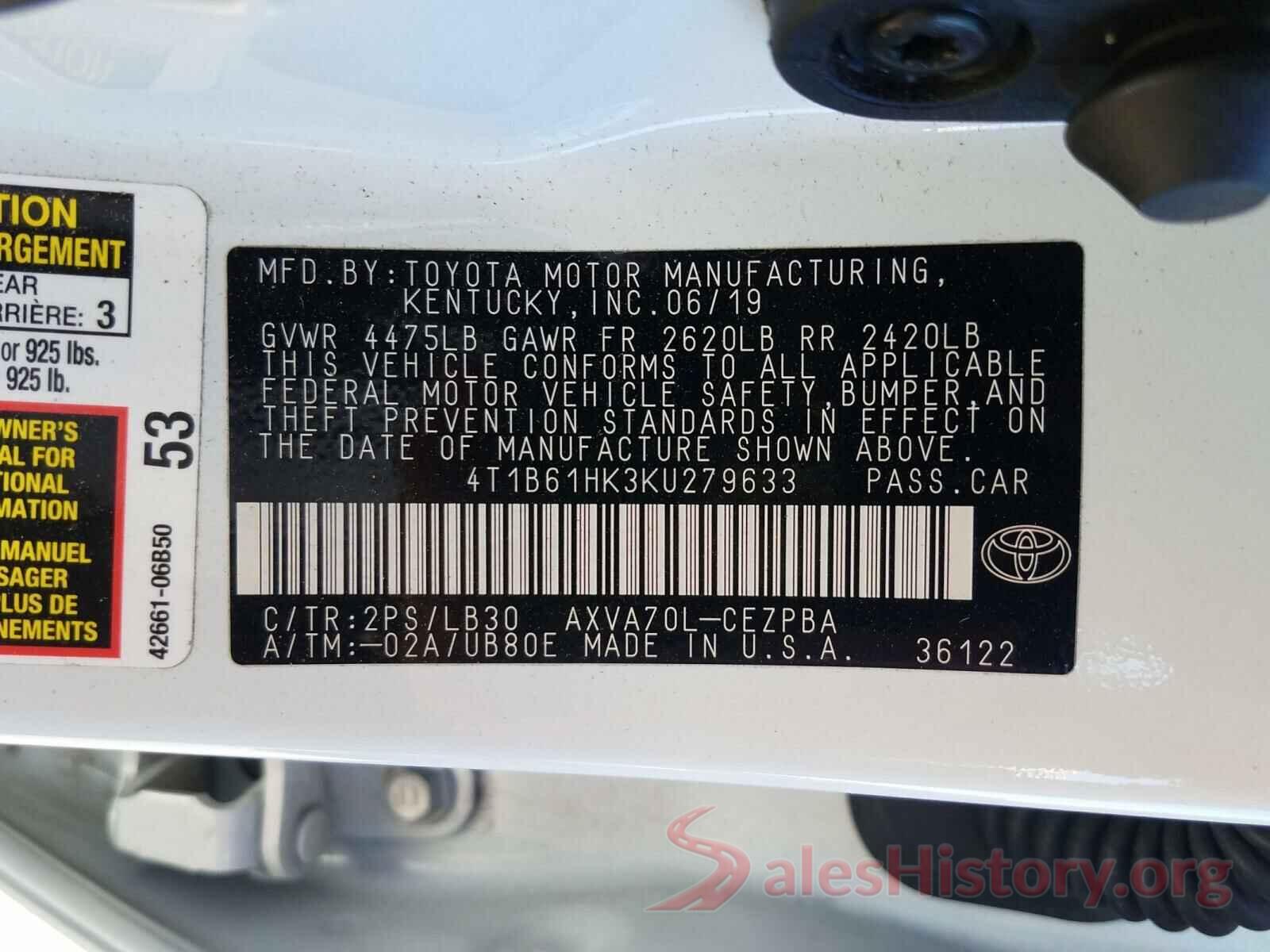 4T1B61HK3KU279633 2019 TOYOTA CAMRY