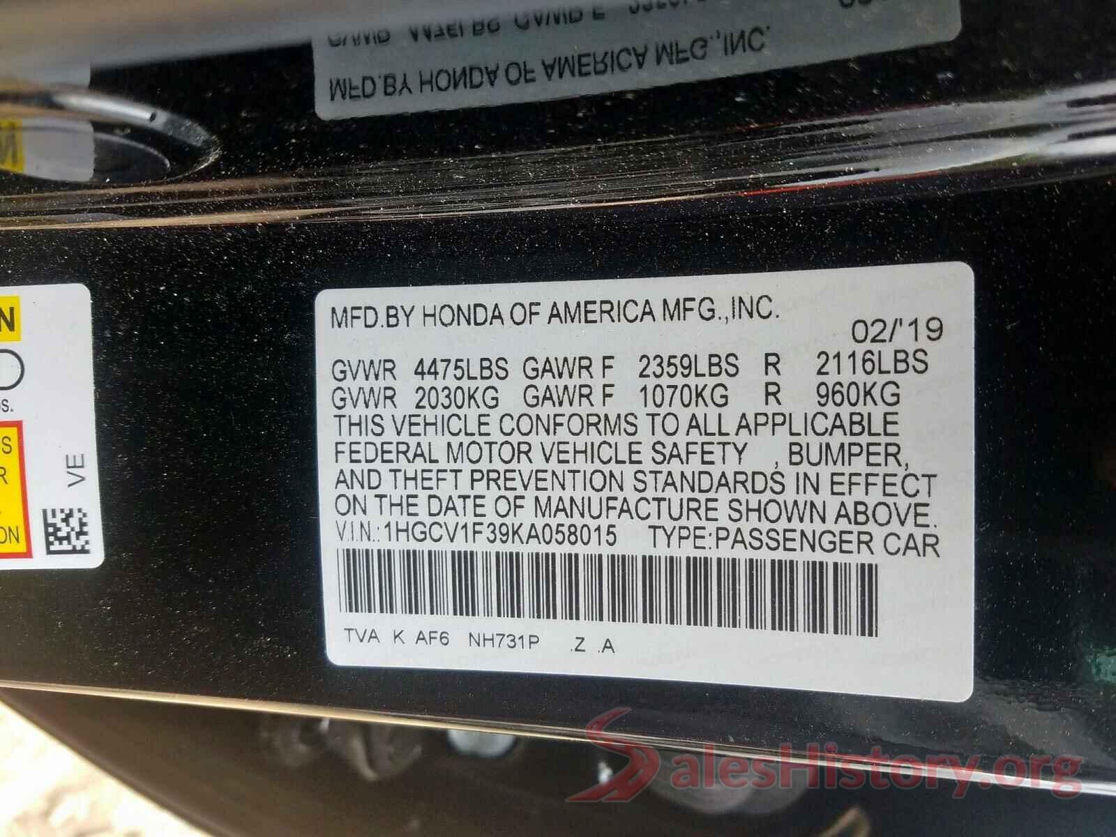 1HGCV1F39KA058015 2019 HONDA ACCORD