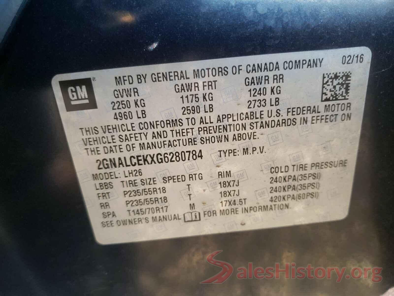 2GNALCEKXG6280784 2016 CHEVROLET EQUINOX