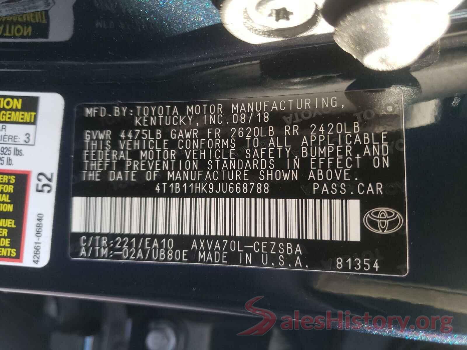 4T1B11HK9JU668788 2018 TOYOTA CAMRY