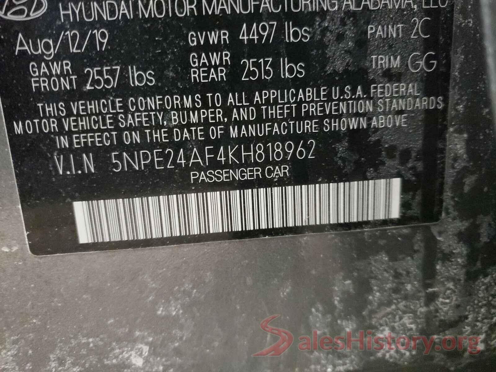 5NPE24AF4KH818962 2019 HYUNDAI SONATA