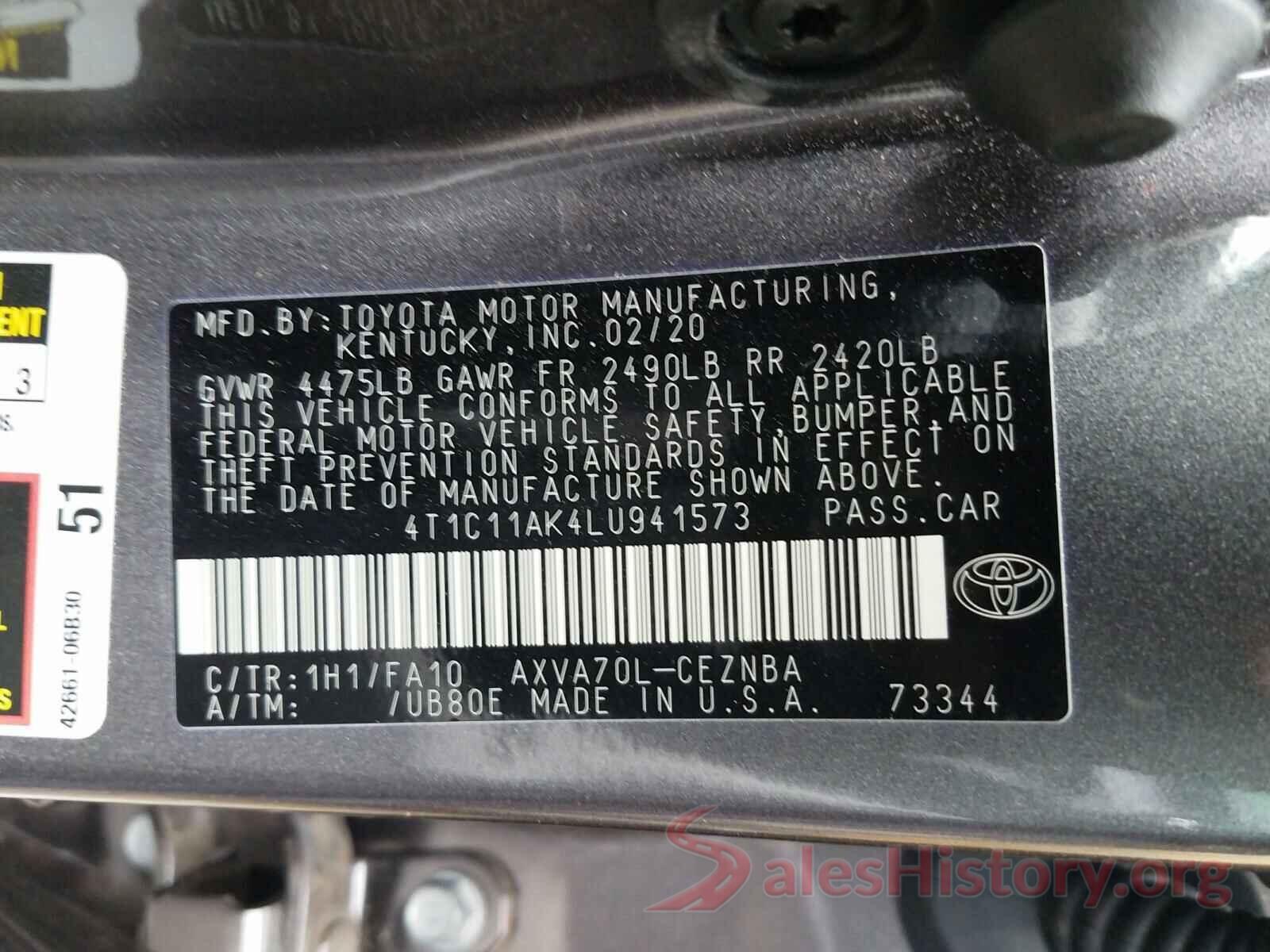 4T1C11AK4LU941573 2020 TOYOTA CAMRY