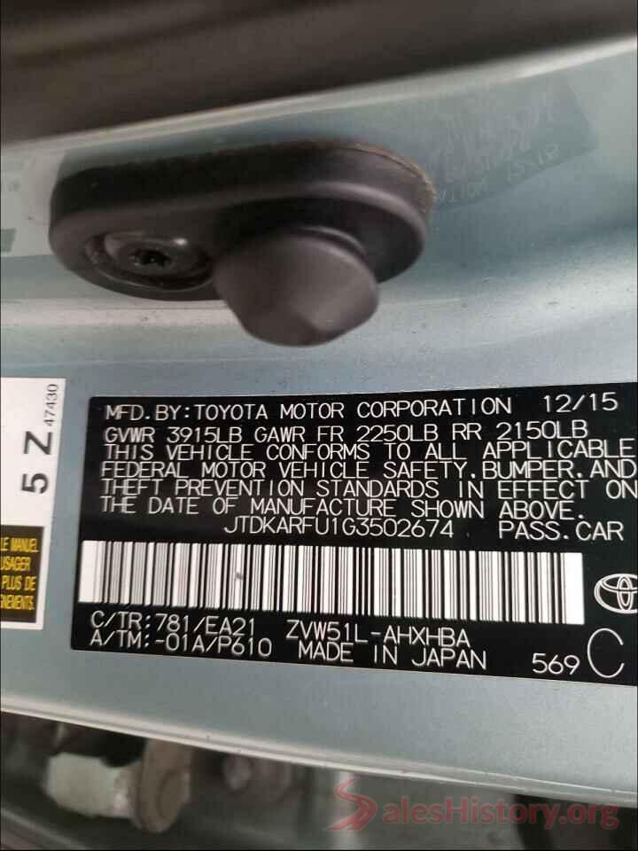 JTDKARFU1G3502674 2016 TOYOTA PRIUS