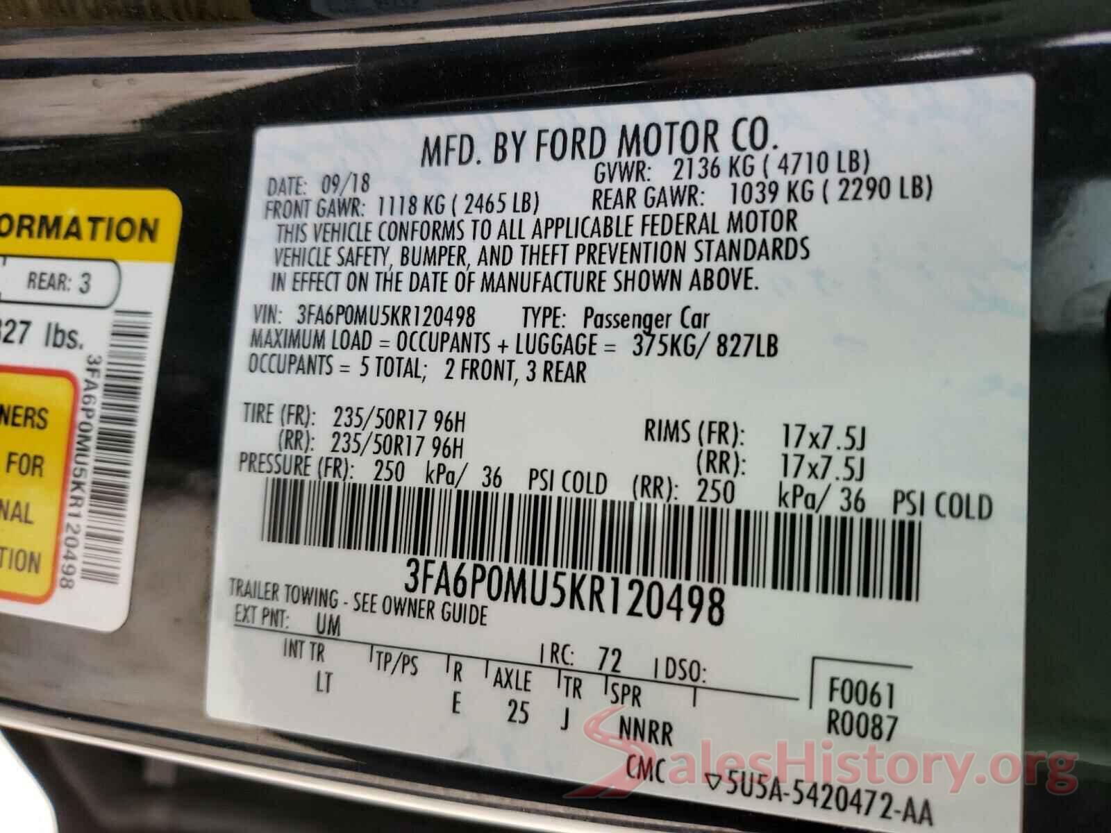 3FA6P0MU5KR120498 2019 FORD FUSION