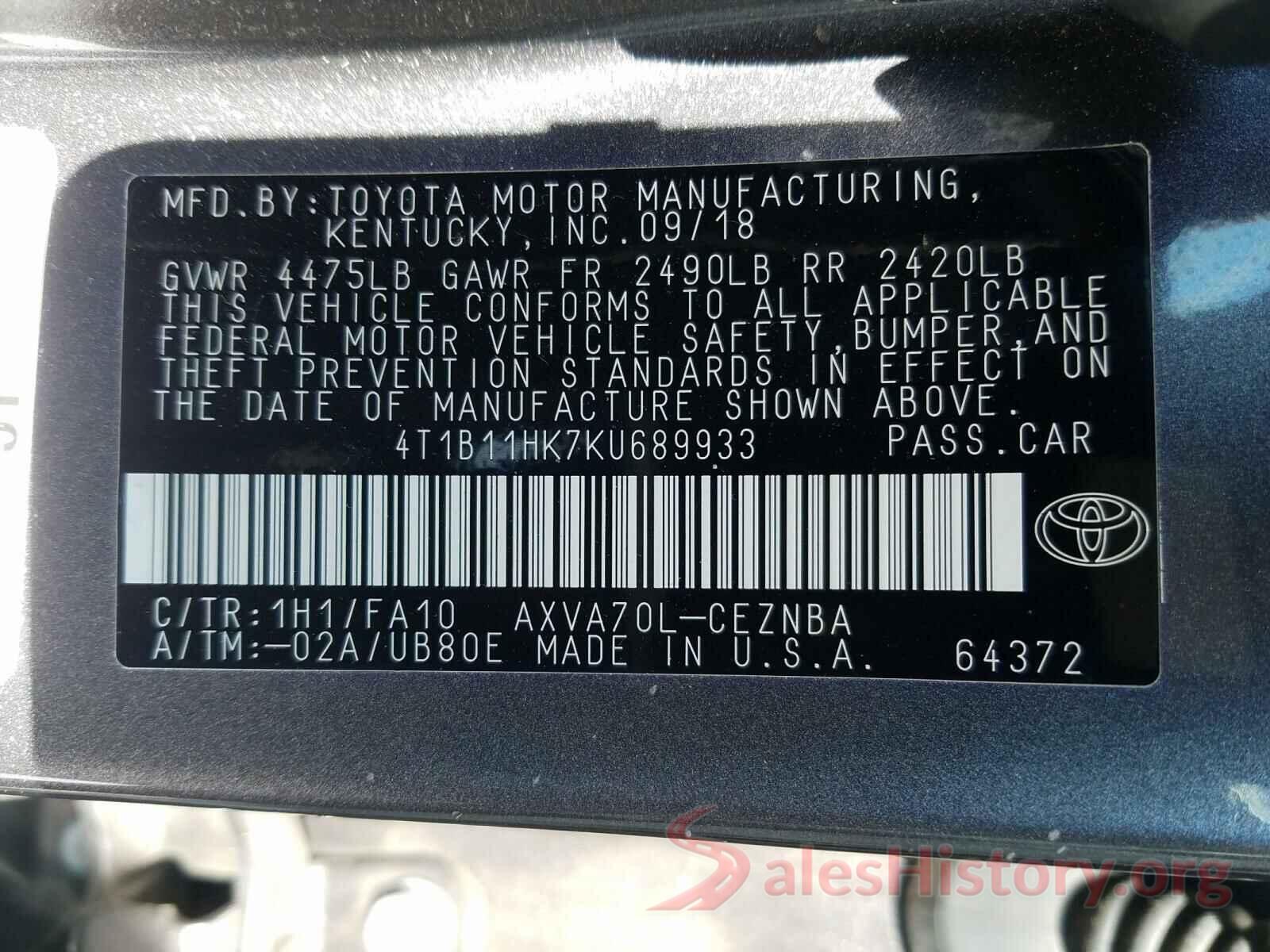 4T1B11HK7KU689933 2019 TOYOTA CAMRY