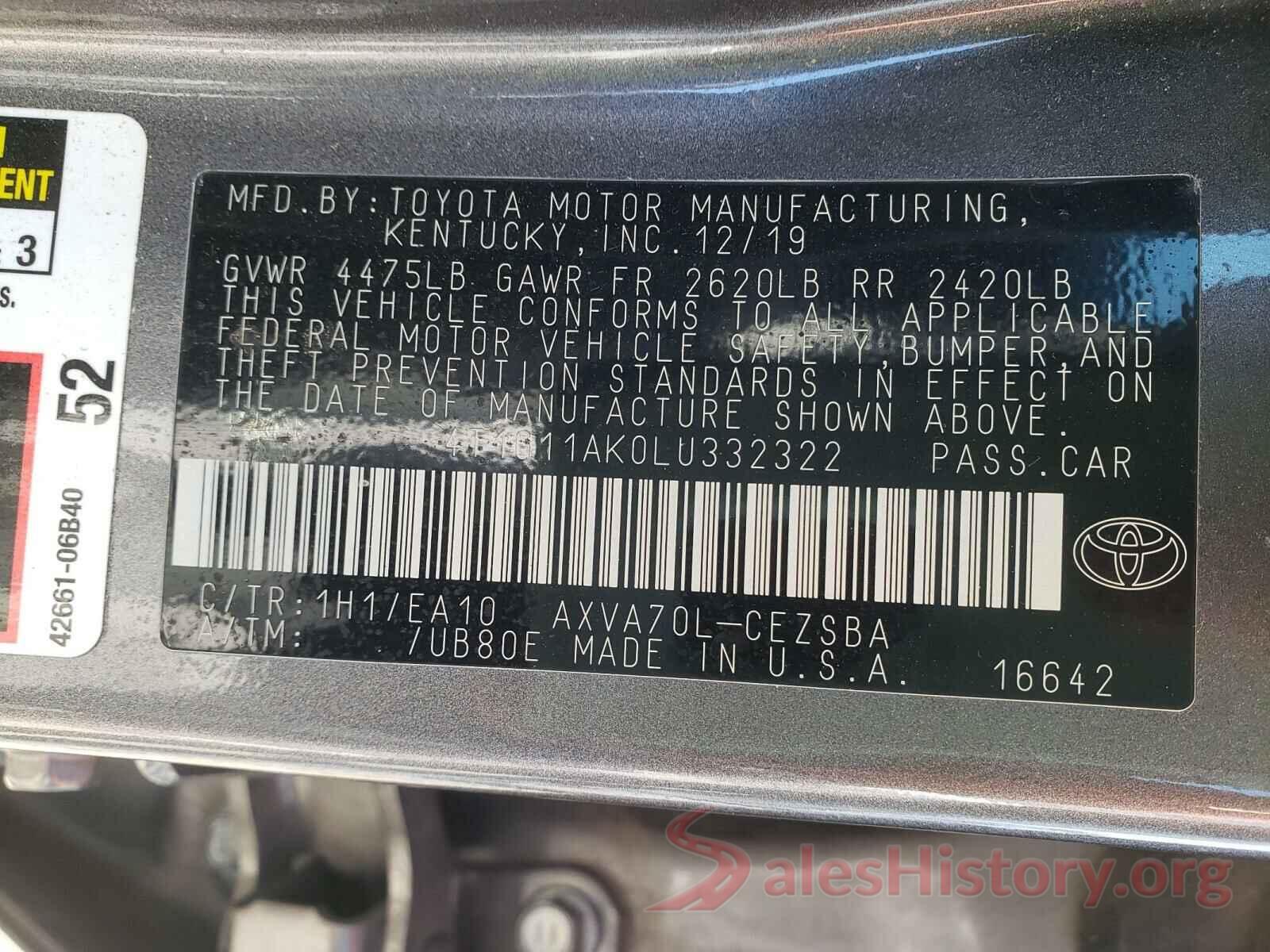 4T1G11AK0LU332322 2020 TOYOTA CAMRY