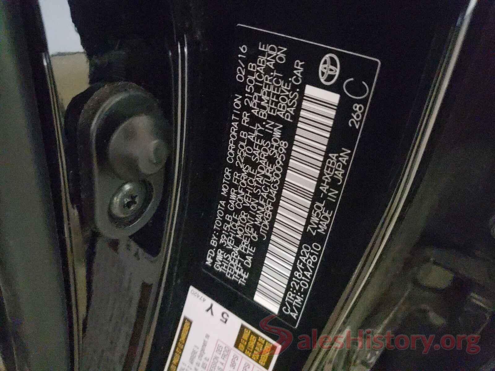 JTDKBRFU4G3009598 2016 TOYOTA PRIUS