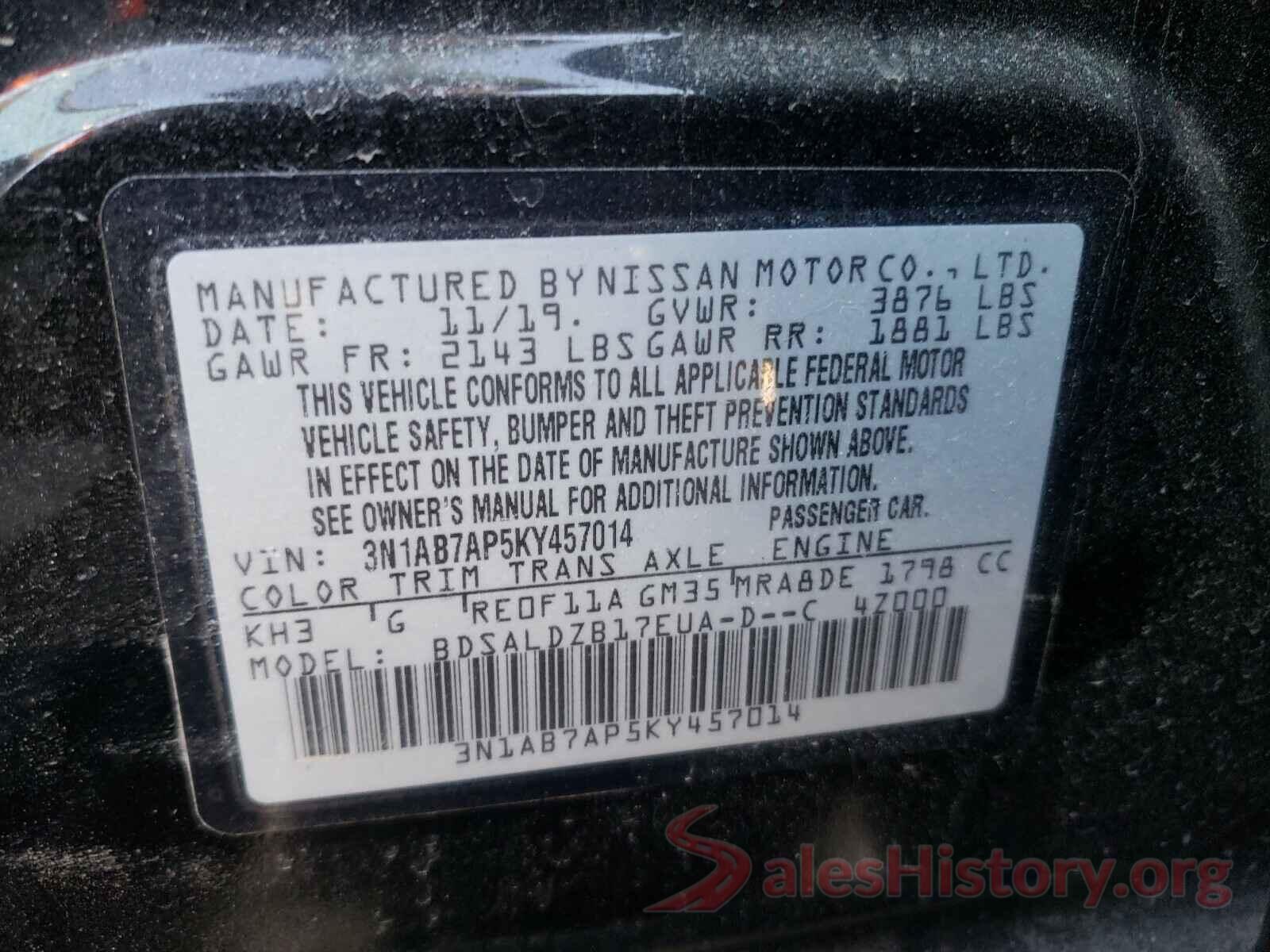 3N1AB7AP5KY457014 2019 NISSAN SENTRA