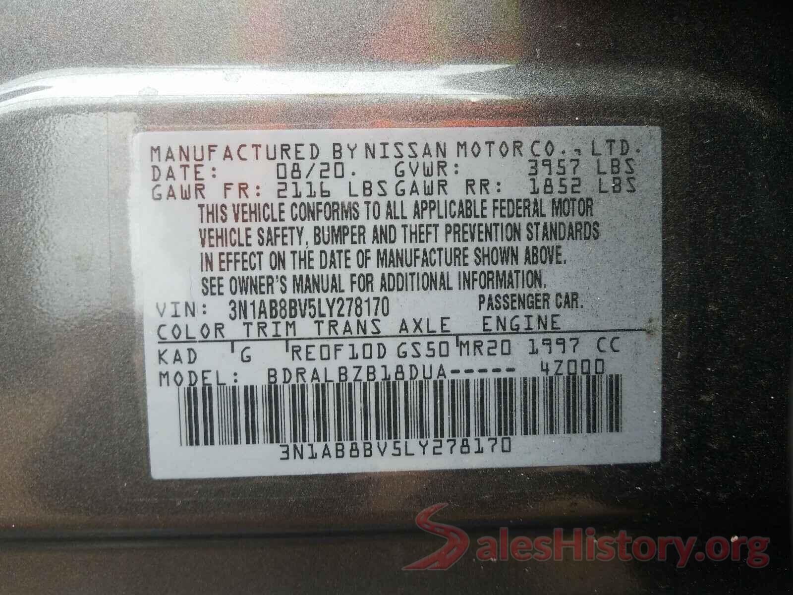 3N1AB8BV5LY278170 2020 NISSAN SENTRA