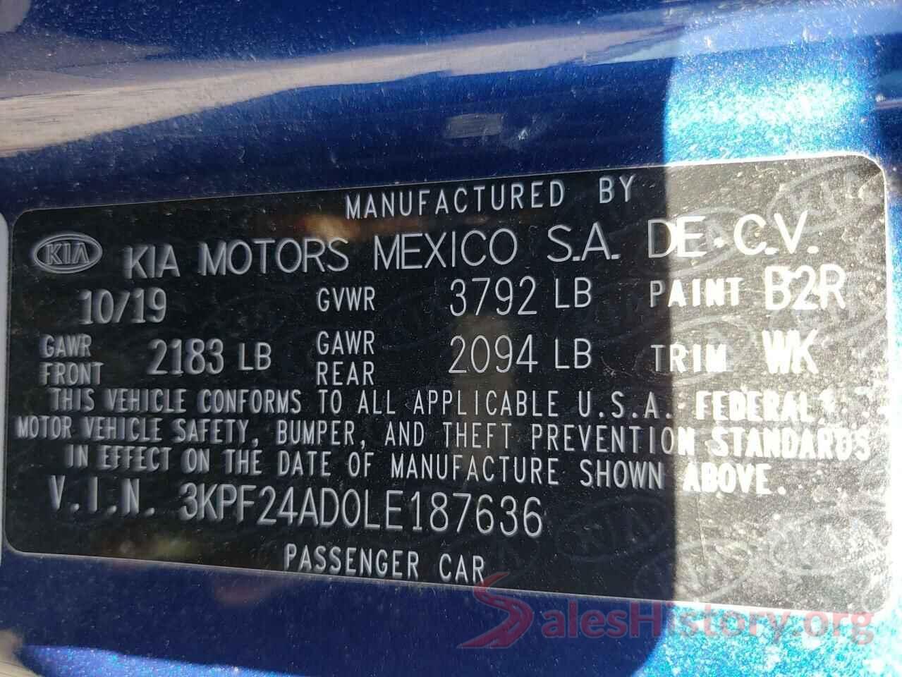 3KPF24AD0LE187636 2020 KIA FORTE