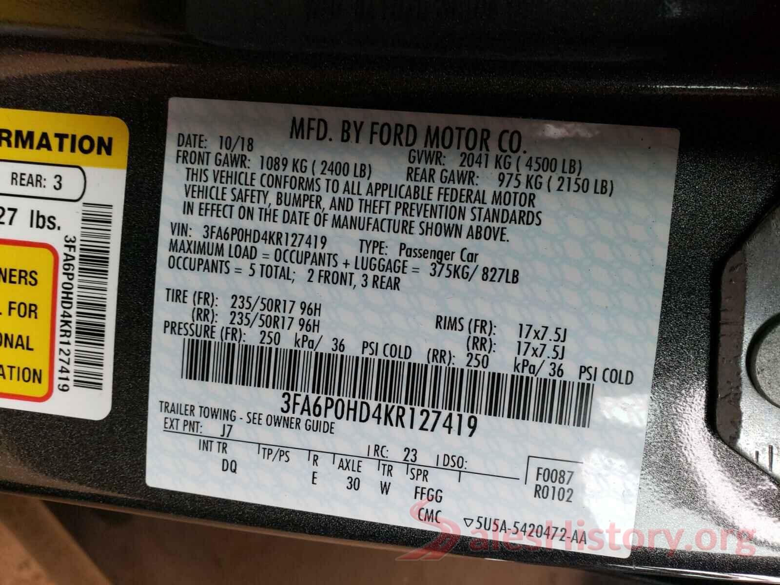 3FA6P0HD4KR127419 2019 FORD FUSION