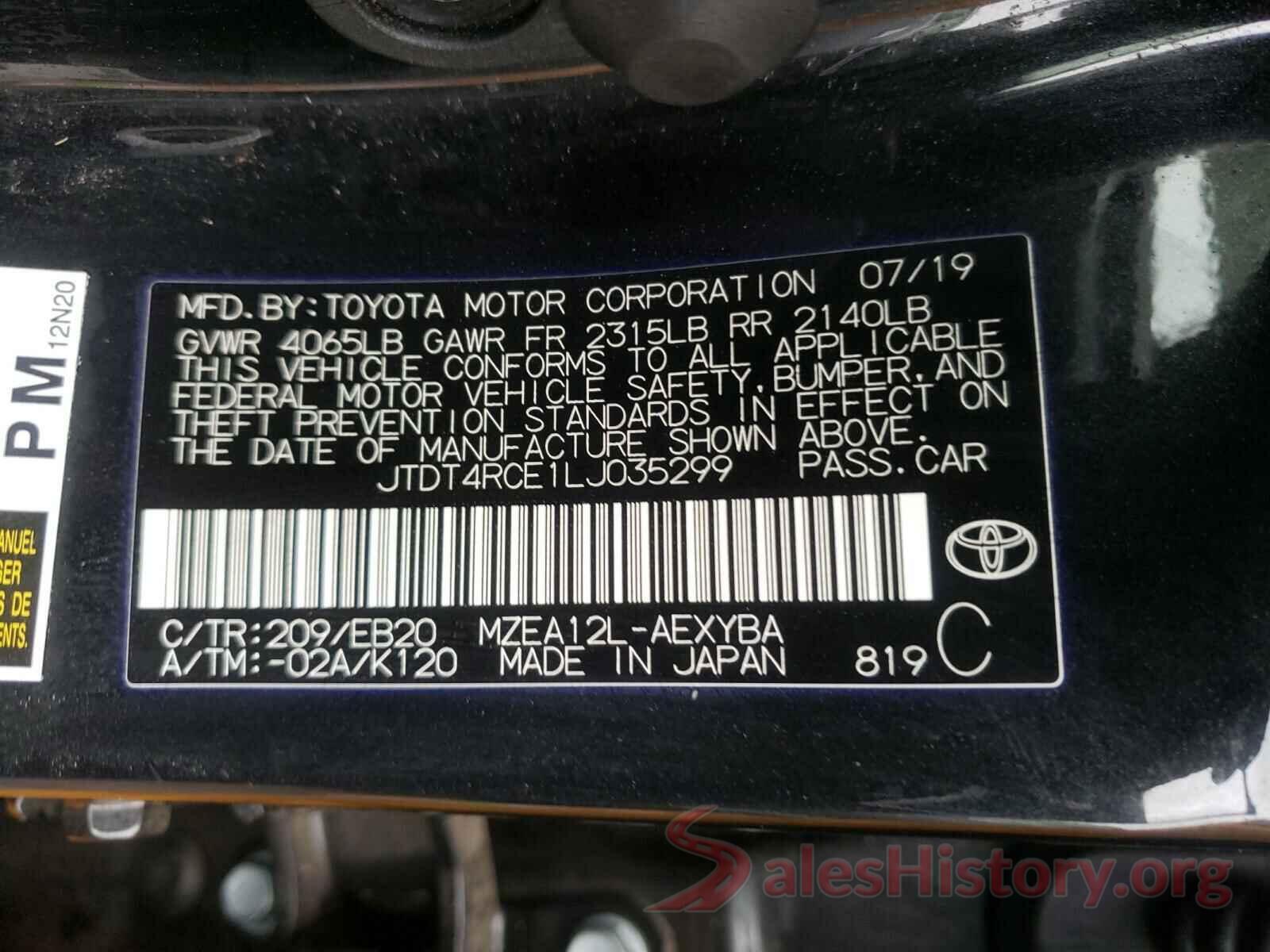 JTDT4RCE1LJ035299 2020 TOYOTA COROLLA