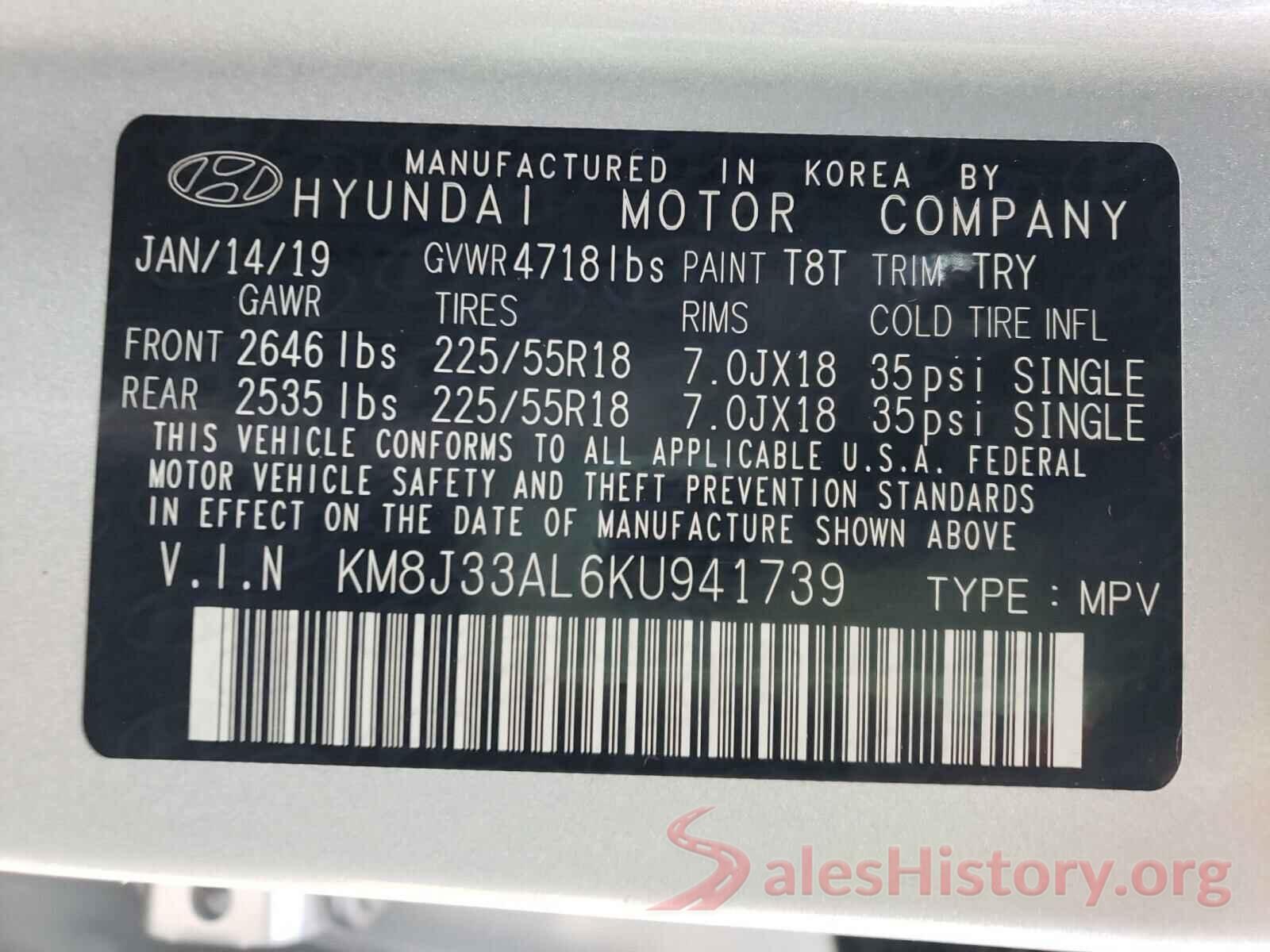 KM8J33AL6KU941739 2019 HYUNDAI TUCSON