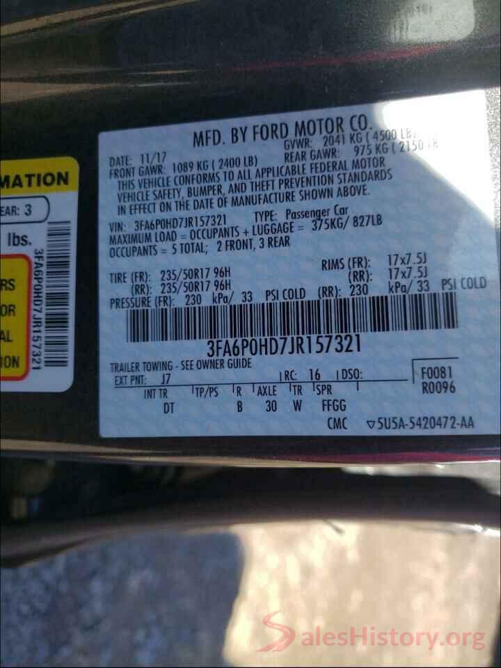 3FA6P0HD7JR157321 2018 FORD FUSION