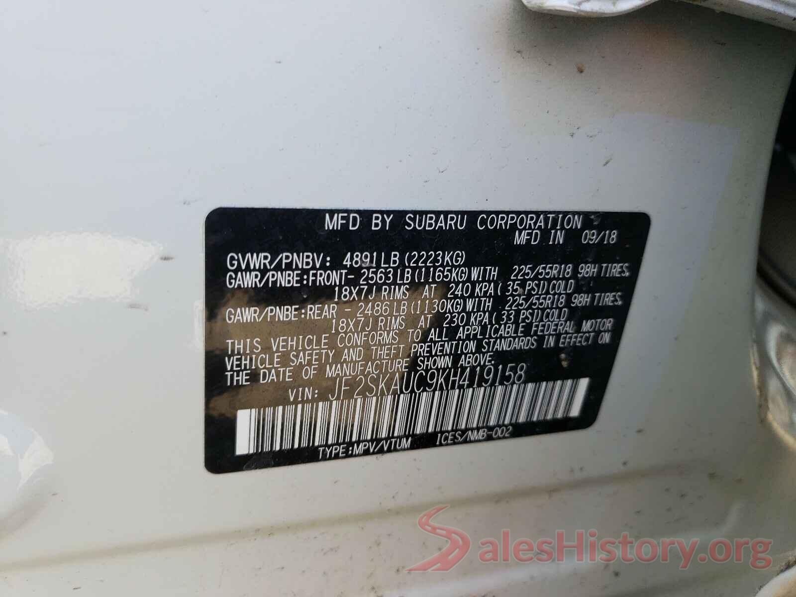 JF2SKAUC9KH419158 2019 SUBARU FORESTER