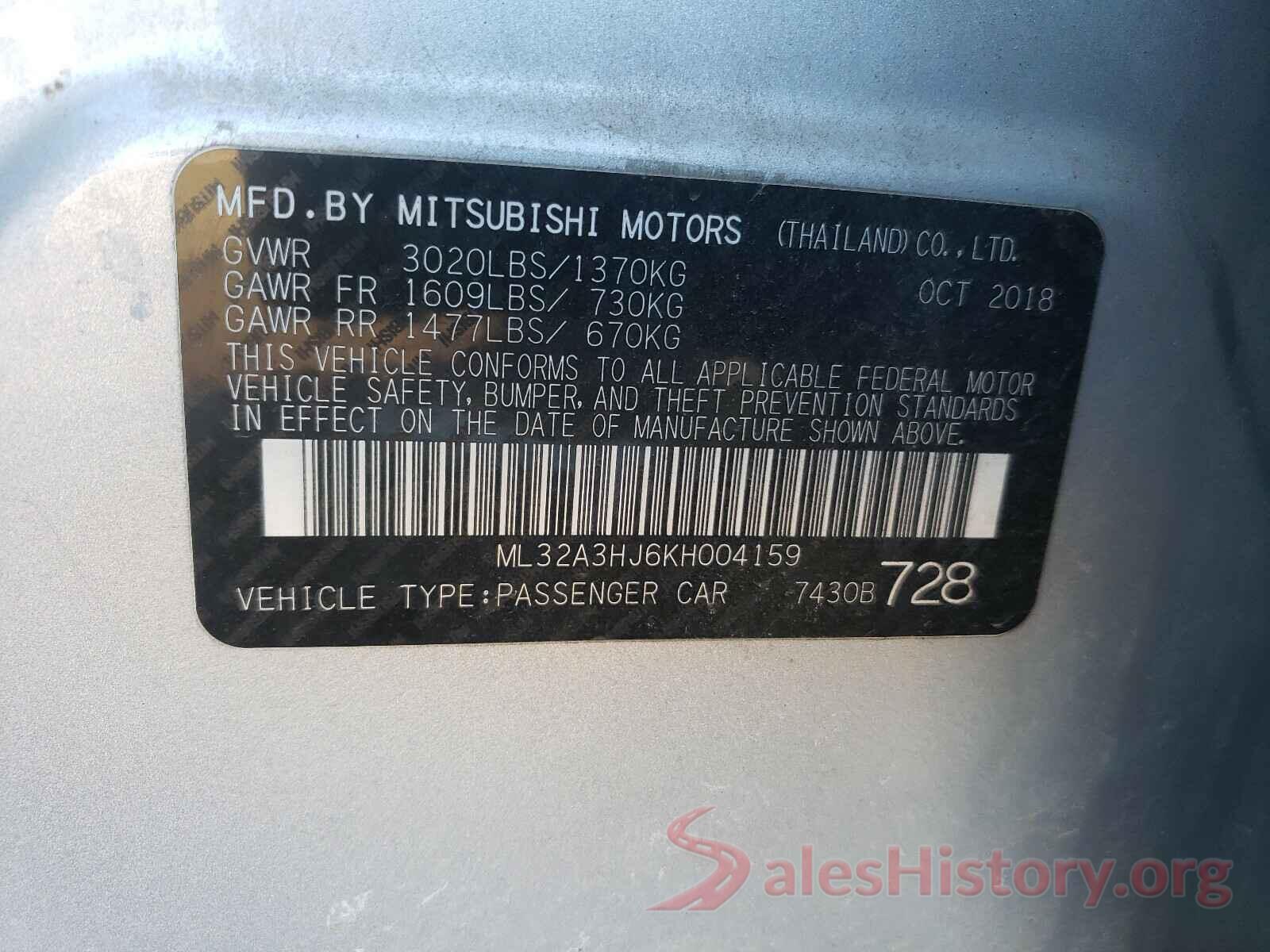 ML32A3HJ6KH004159 2019 MITSUBISHI MIRAGE