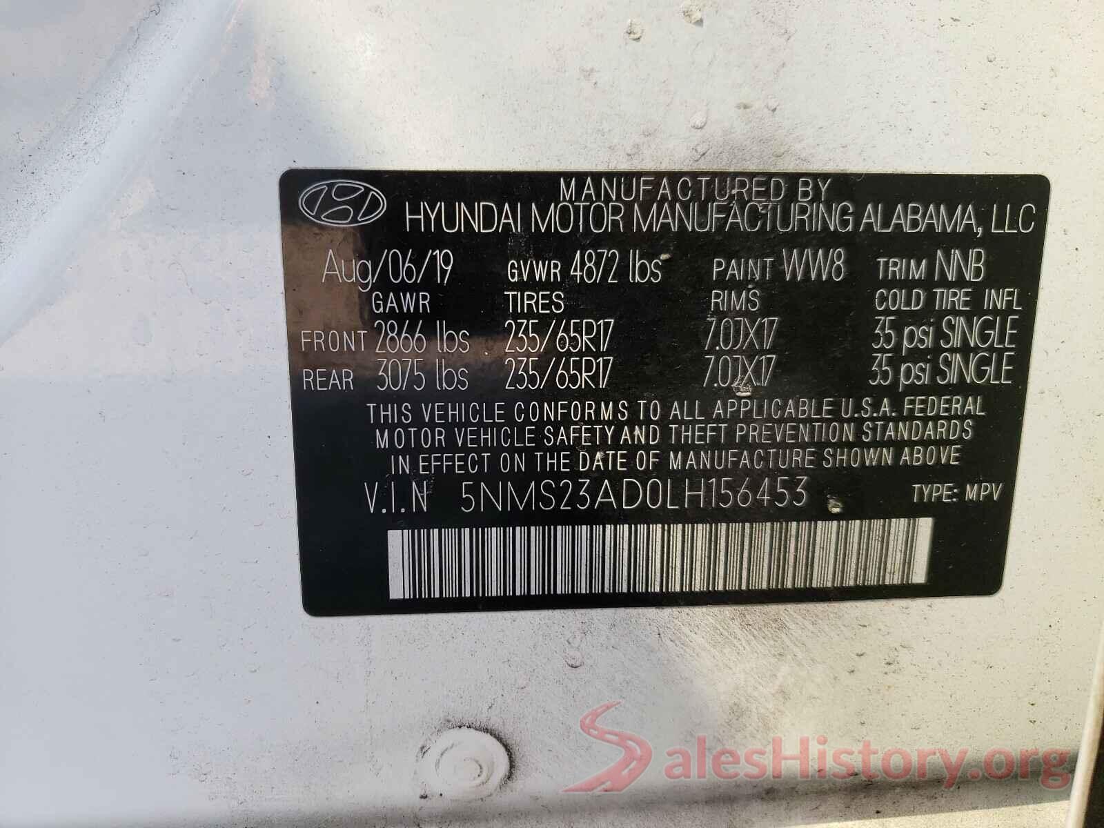 5NMS23AD0LH156453 2020 HYUNDAI SANTA FE