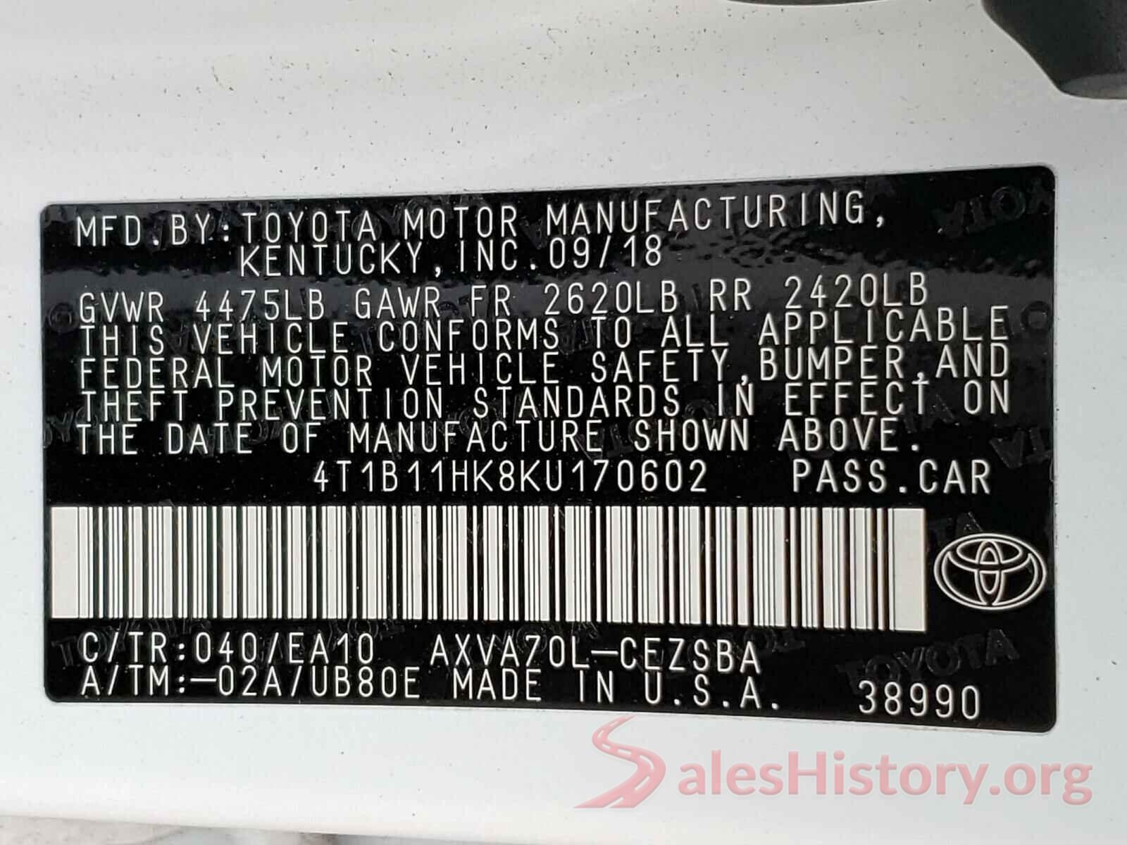 4T1B11HK8KU170602 2019 TOYOTA CAMRY