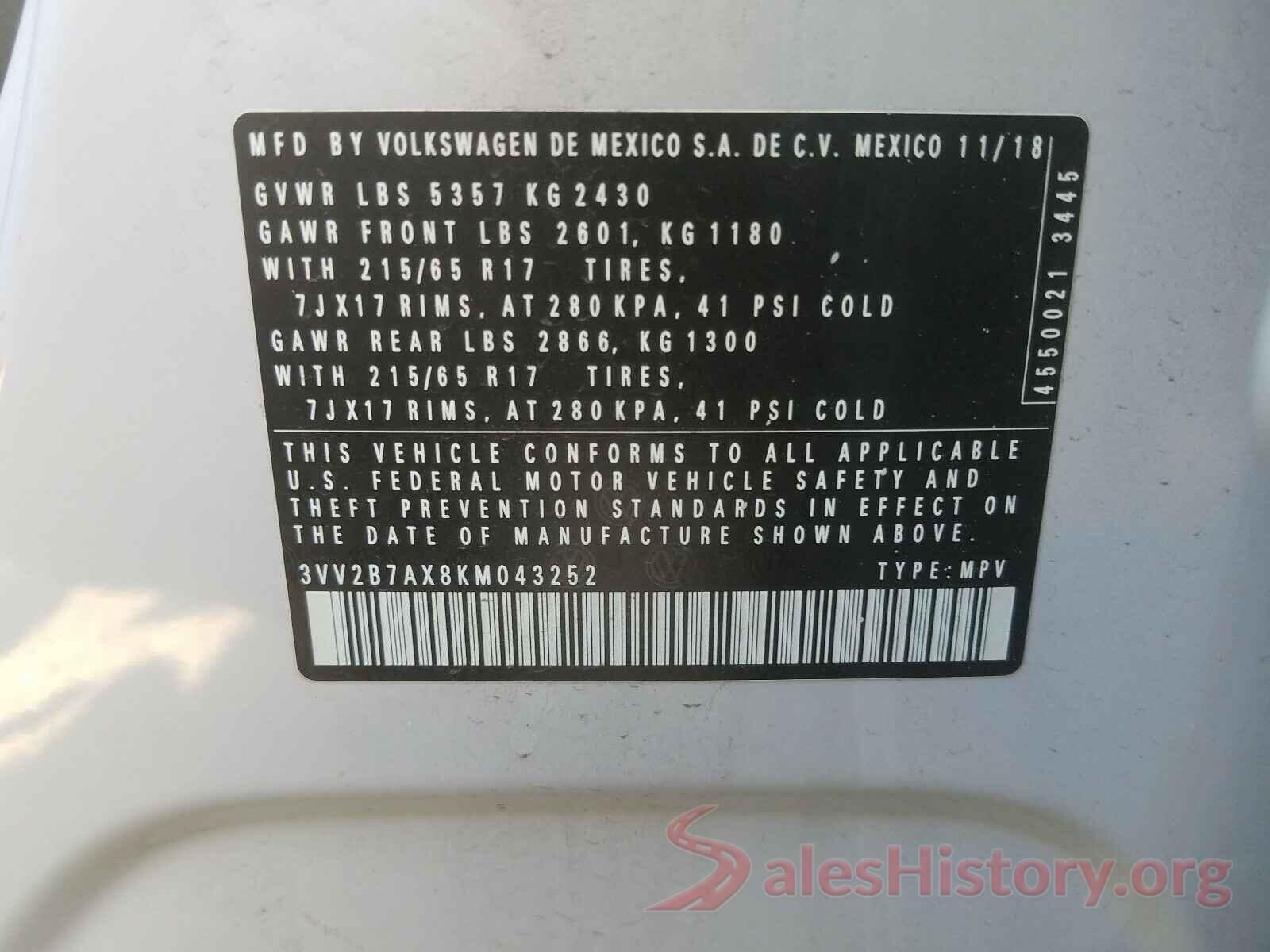 3VV2B7AX8KM043252 2019 VOLKSWAGEN TIGUAN