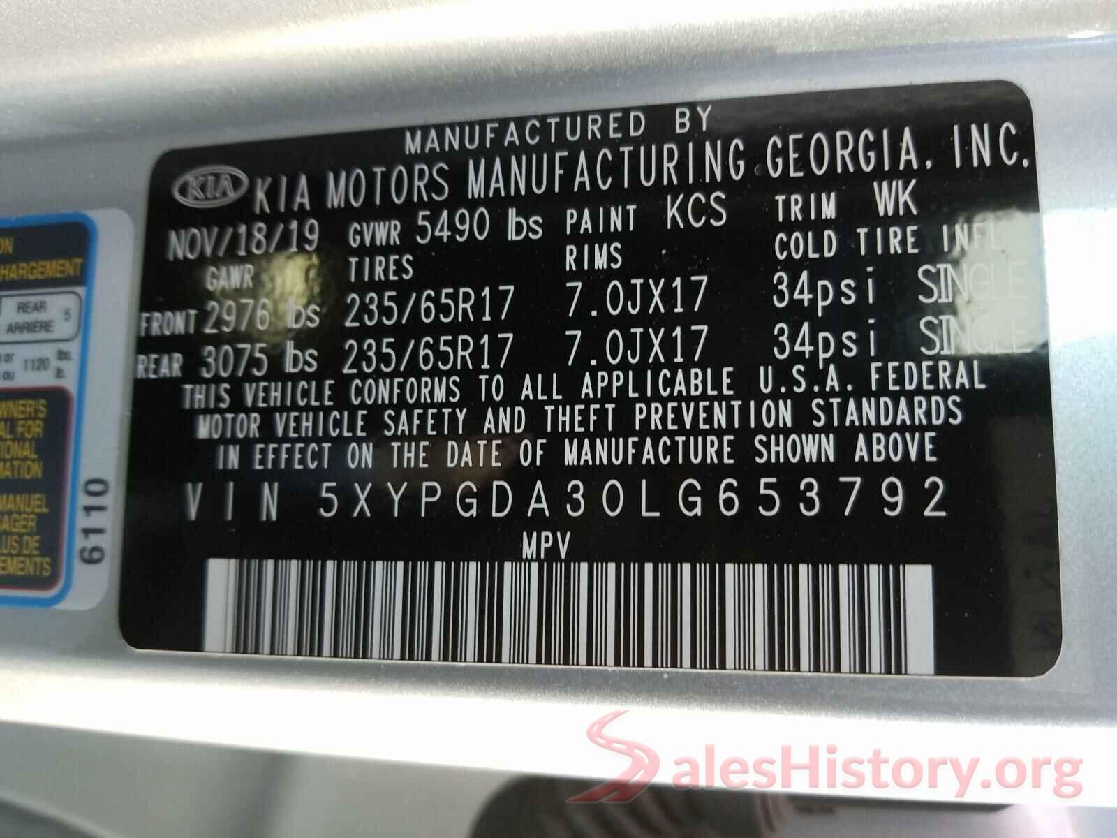 5XYPGDA30LG653792 2020 KIA SORENTO