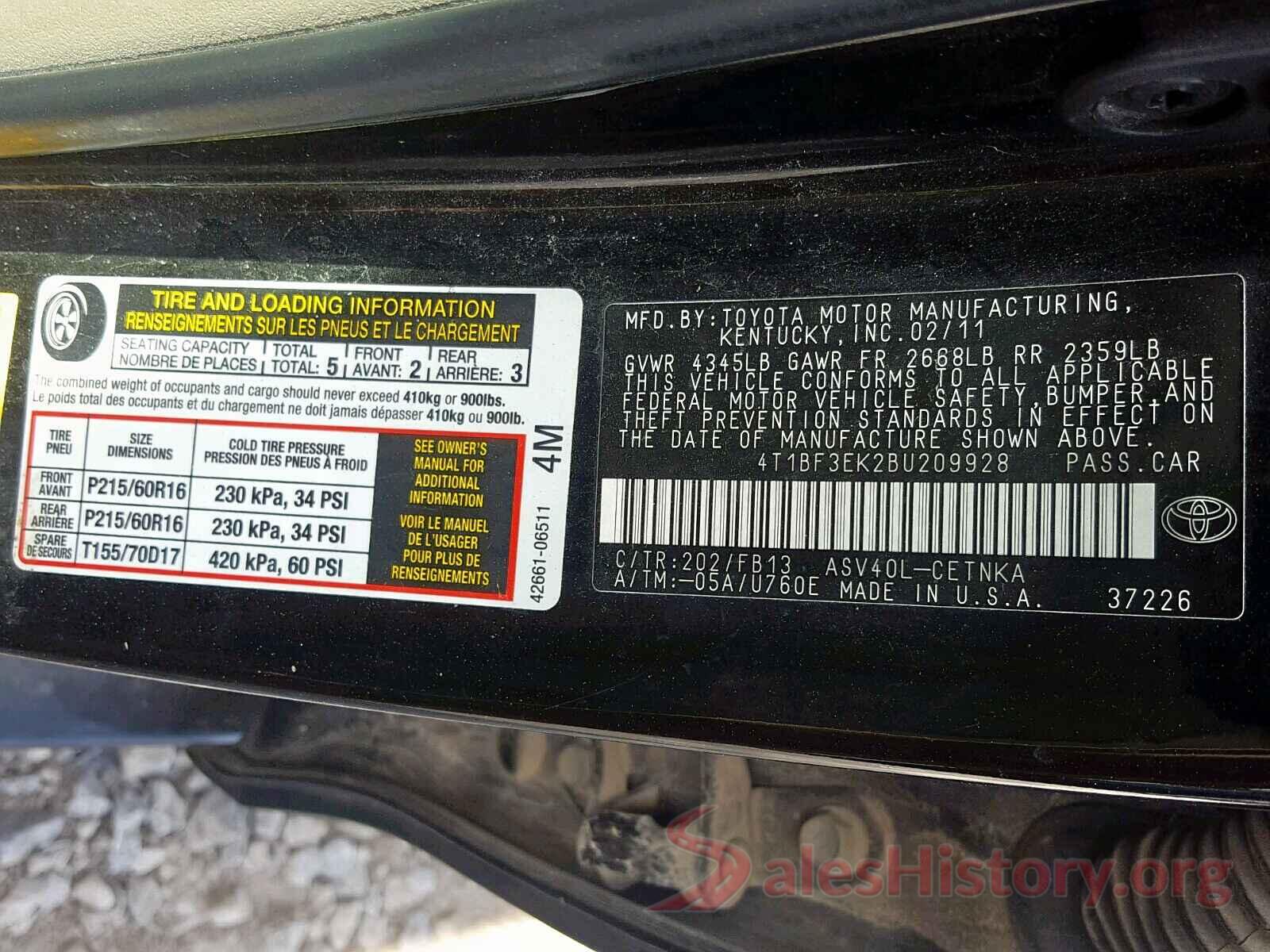 4T1BF3EK2BU209928 2011 TOYOTA CAMRY BASE