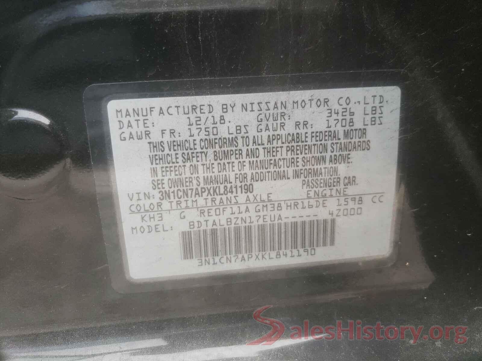 3N1CN7APXKL841190 2019 NISSAN VERSA