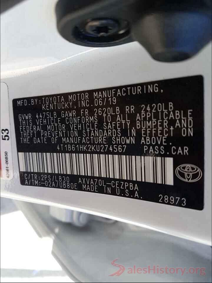 4T1B61HK2KU274567 2019 TOYOTA CAMRY