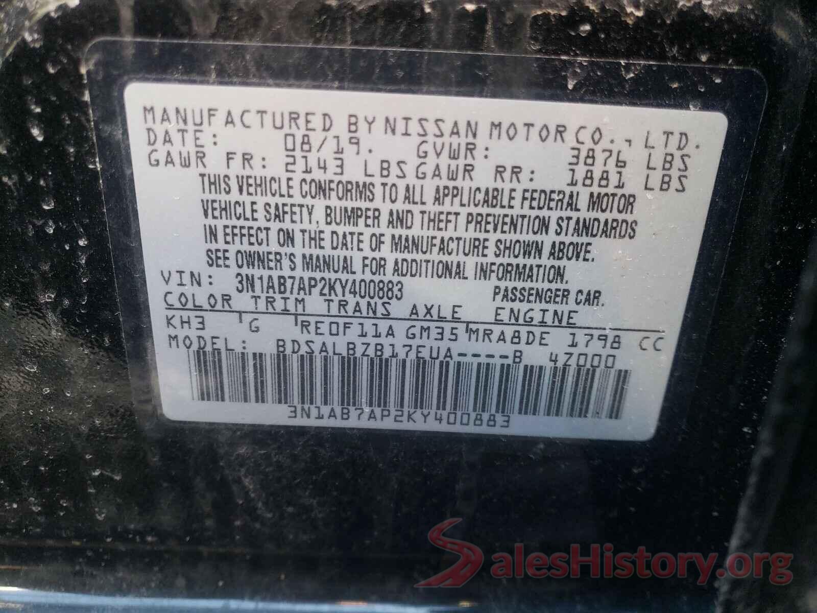 3N1AB7AP2KY400883 2019 NISSAN SENTRA